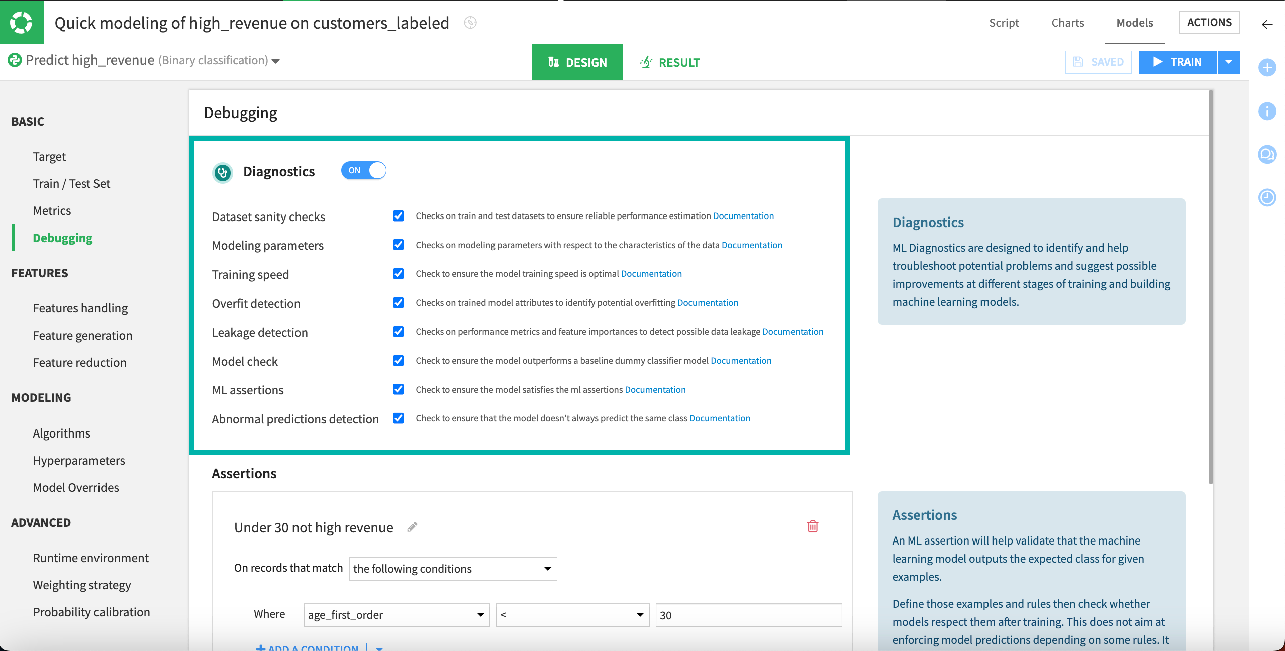 Debugging panel of the Design tab in a visual model.