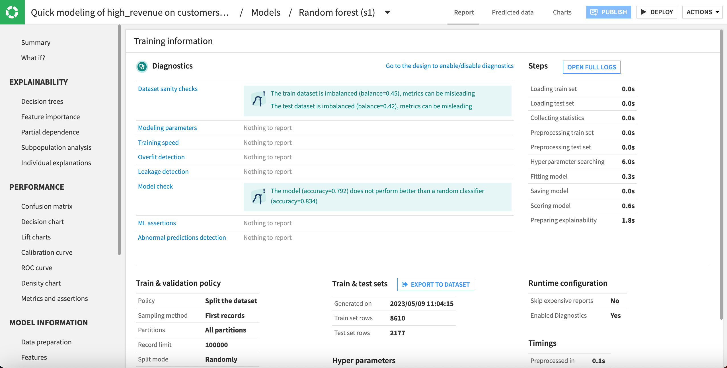 Training Information section of model results