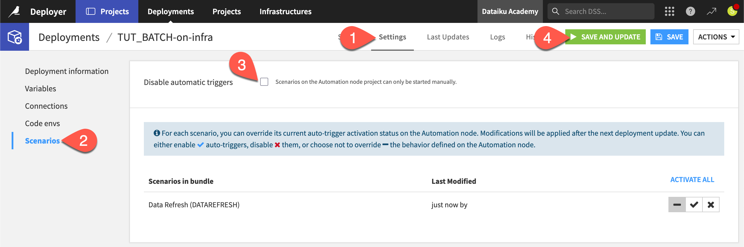 Dataiku screenshot of the scenario settings of a deployment.