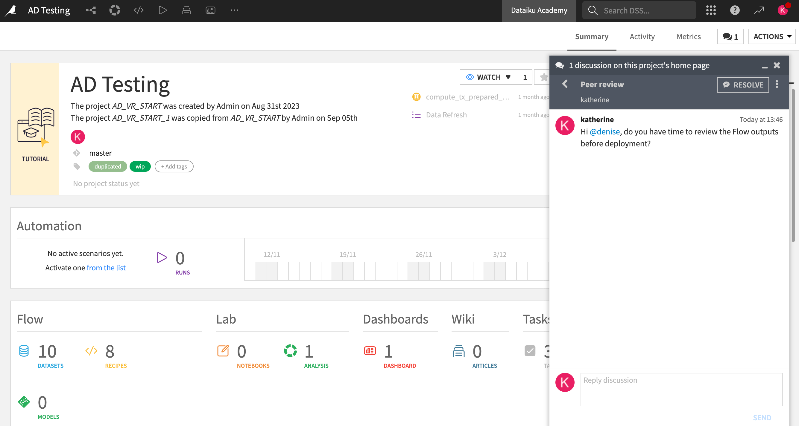 Dataiku screenshot of an open discussion on a Dataiku project.