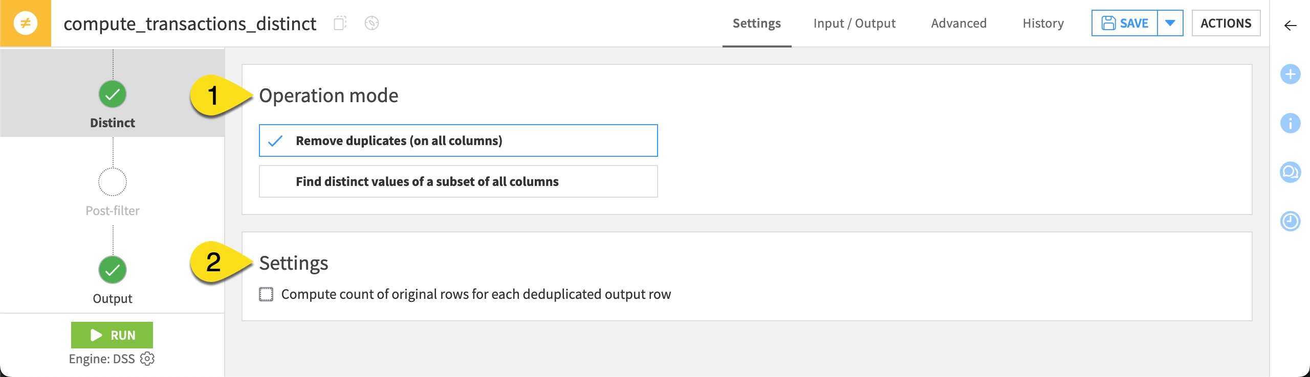 Dataiku screenshot of the configuration of a Distinct recipe.
