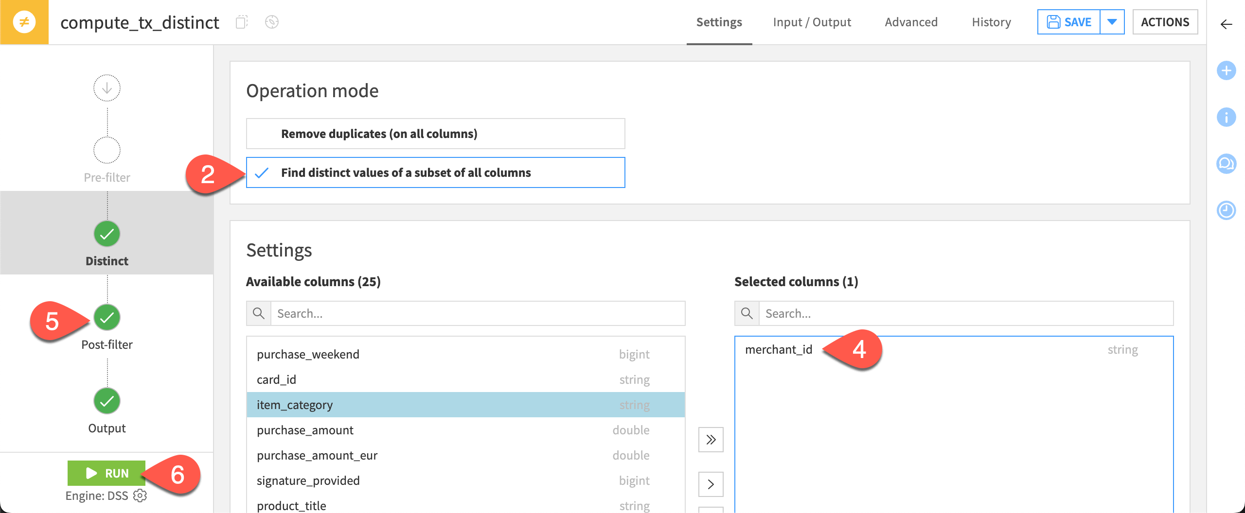 Dataiku screenshot of the configuration of a Distinct recipe.