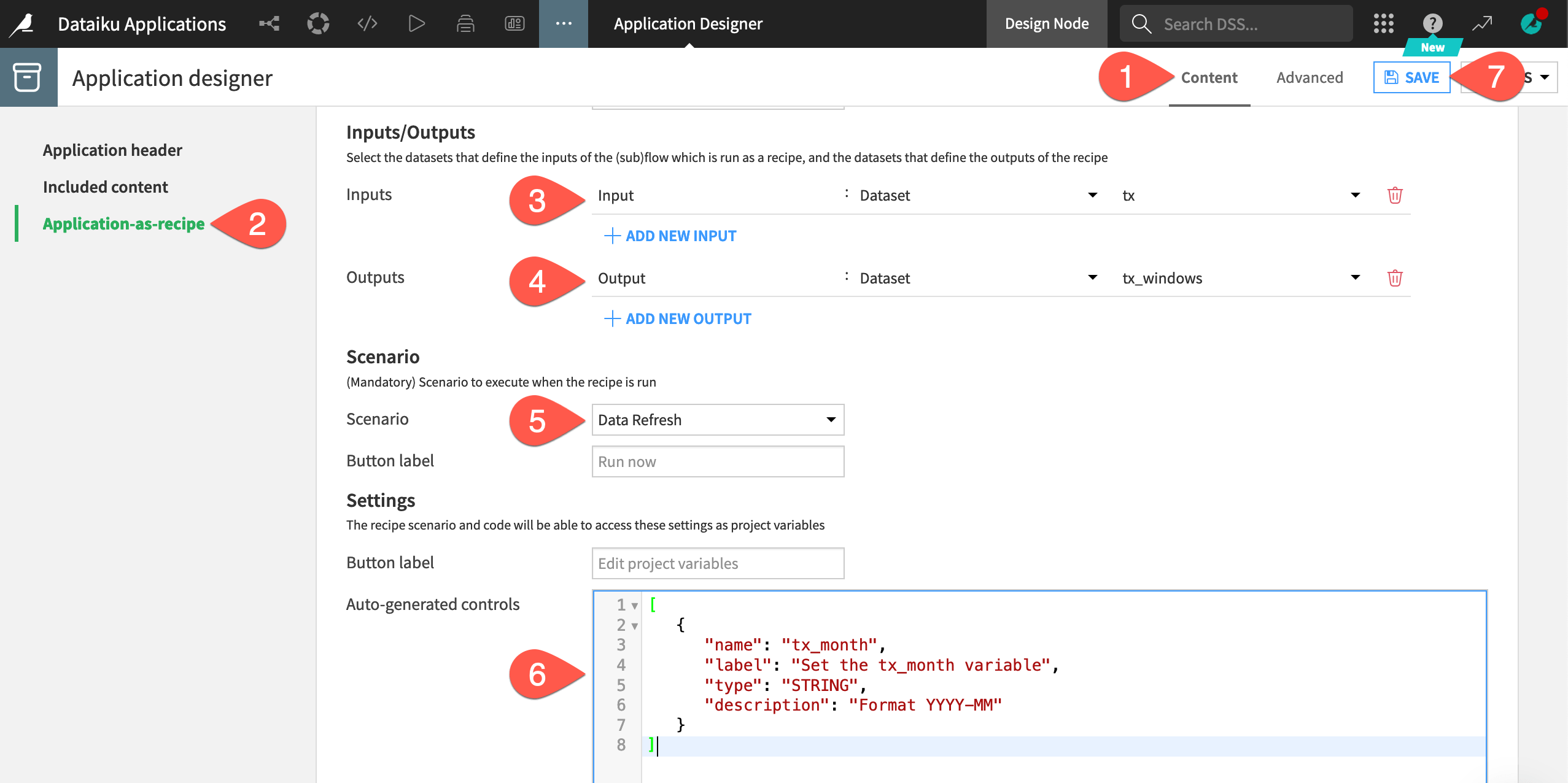 Dataiku screenshot of the page to define a Dataiku application as recipe.