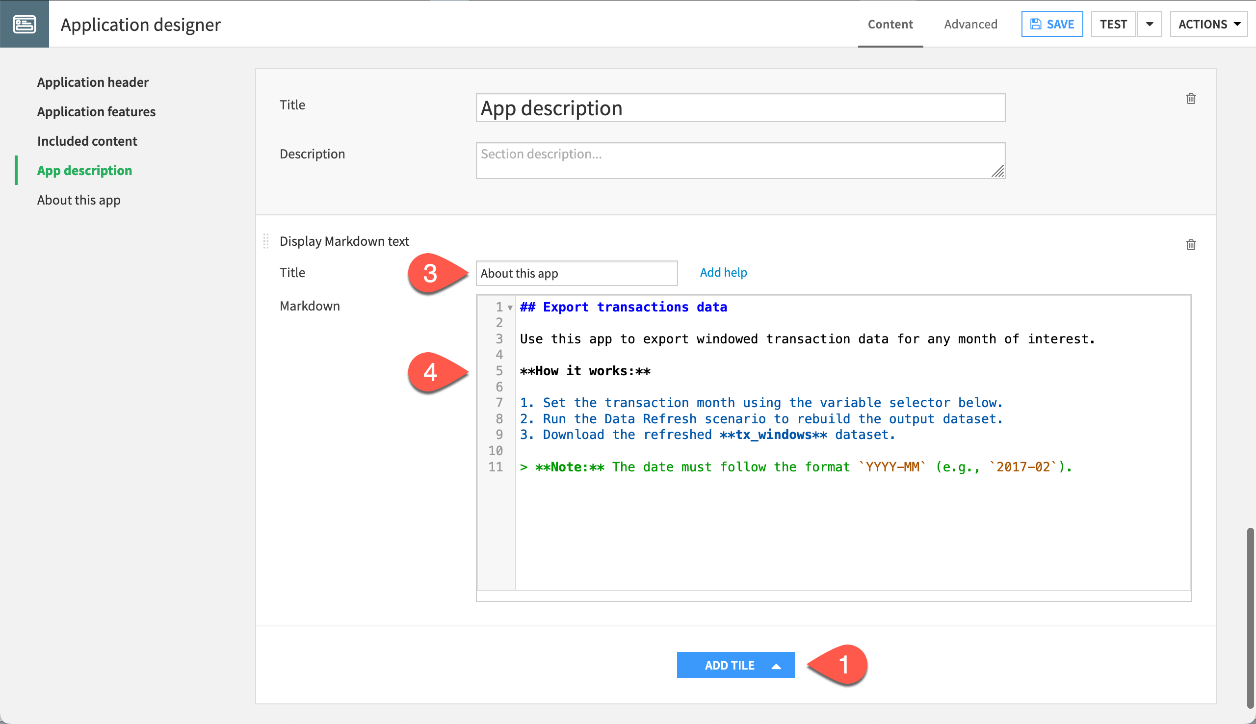 Dataiku screenshot of the Markdown text tile in a Dataiku app.