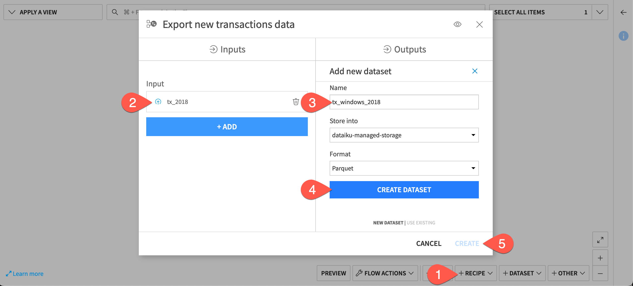 Dataiku screenshot of the dialog for adding the application-as-recipe.