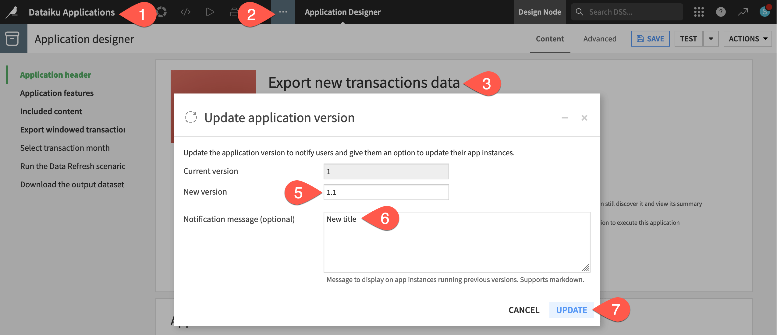 Dataiku screenshot of the dialog to update the version of a Dataiku application.