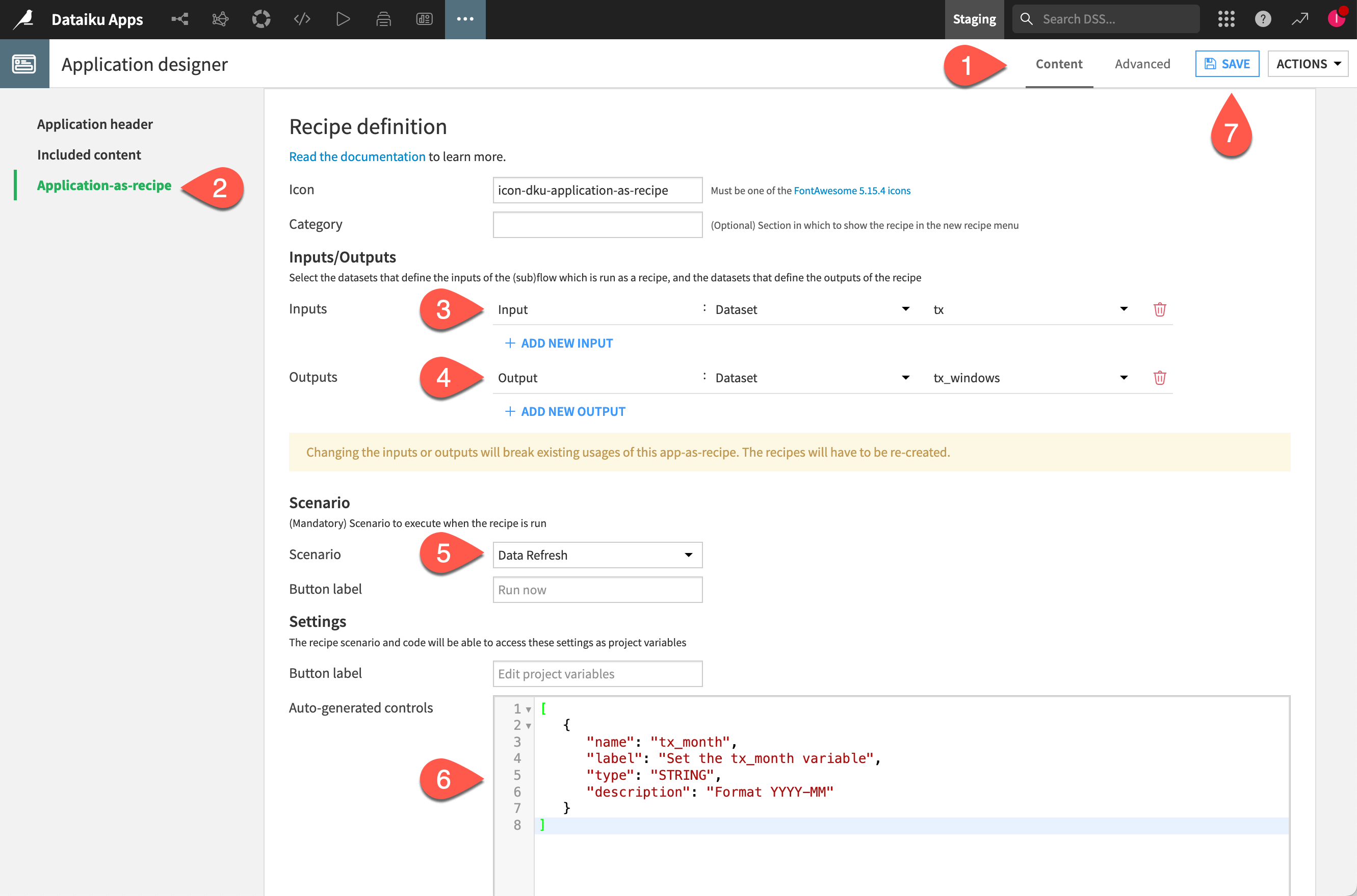 Dataiku screenshot of the page to define a Dataiku app-as-recipe.