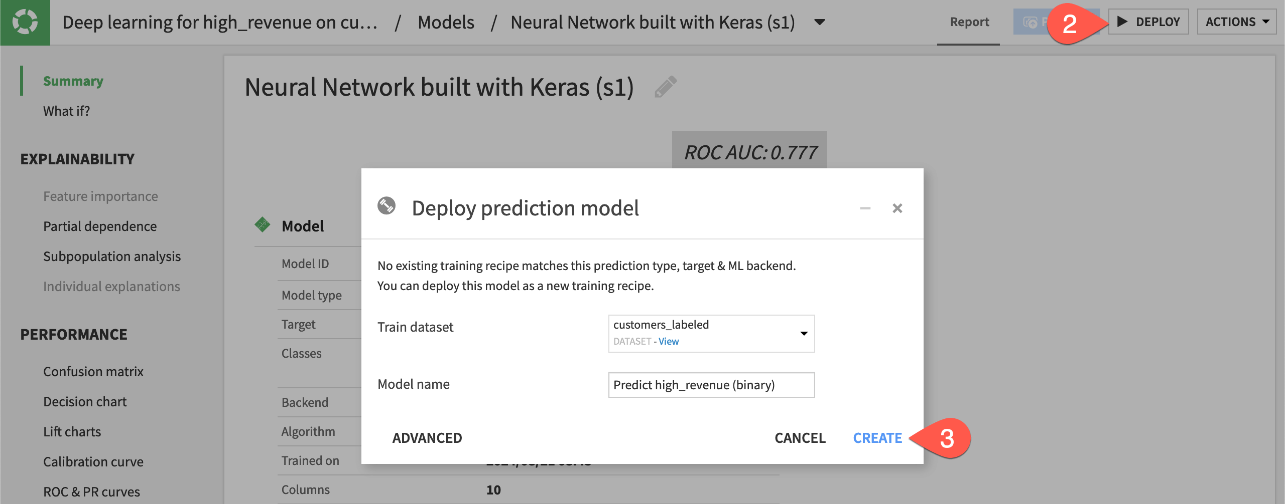 Dataiku screenshot of the dialog for deploying a model.