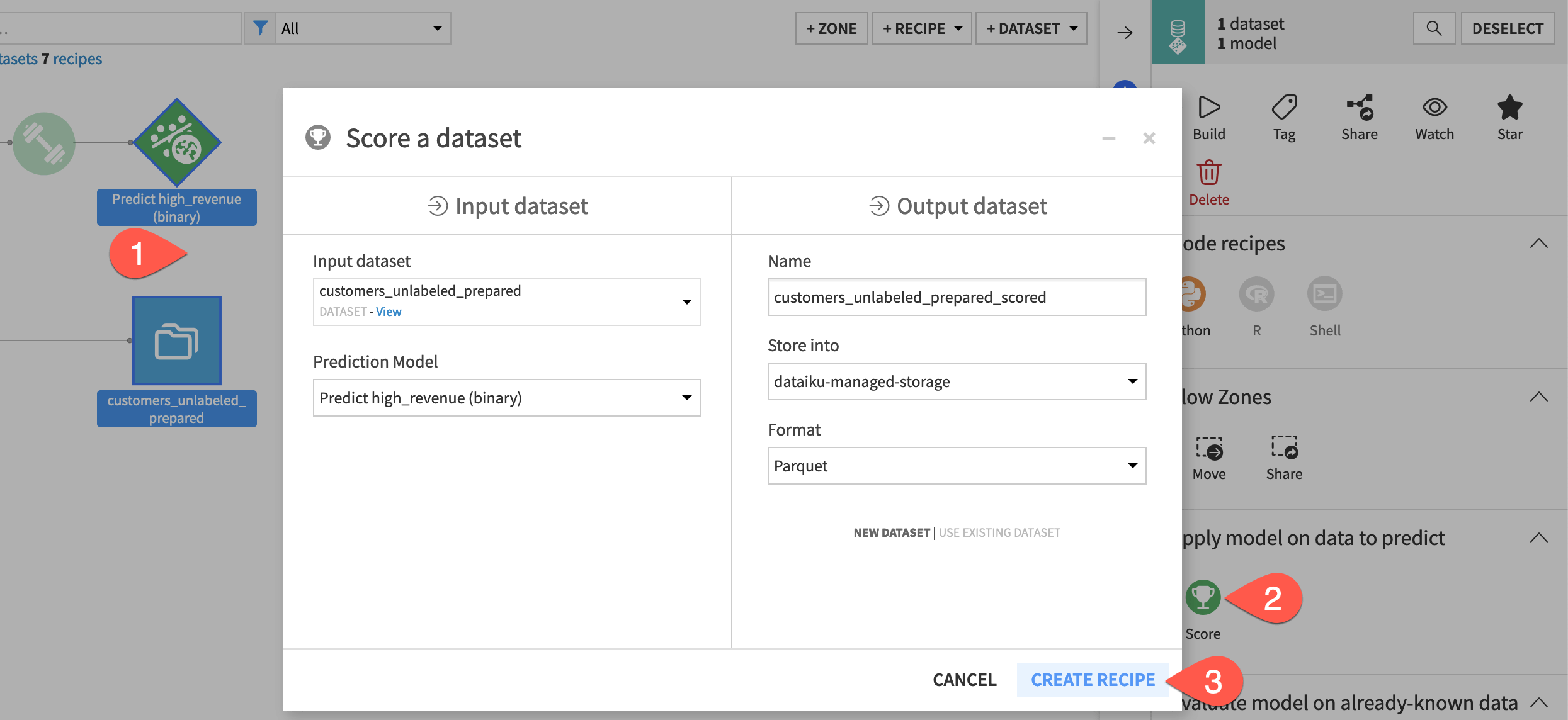 Dataiku screenshot of the dialog to create a Score recipe.