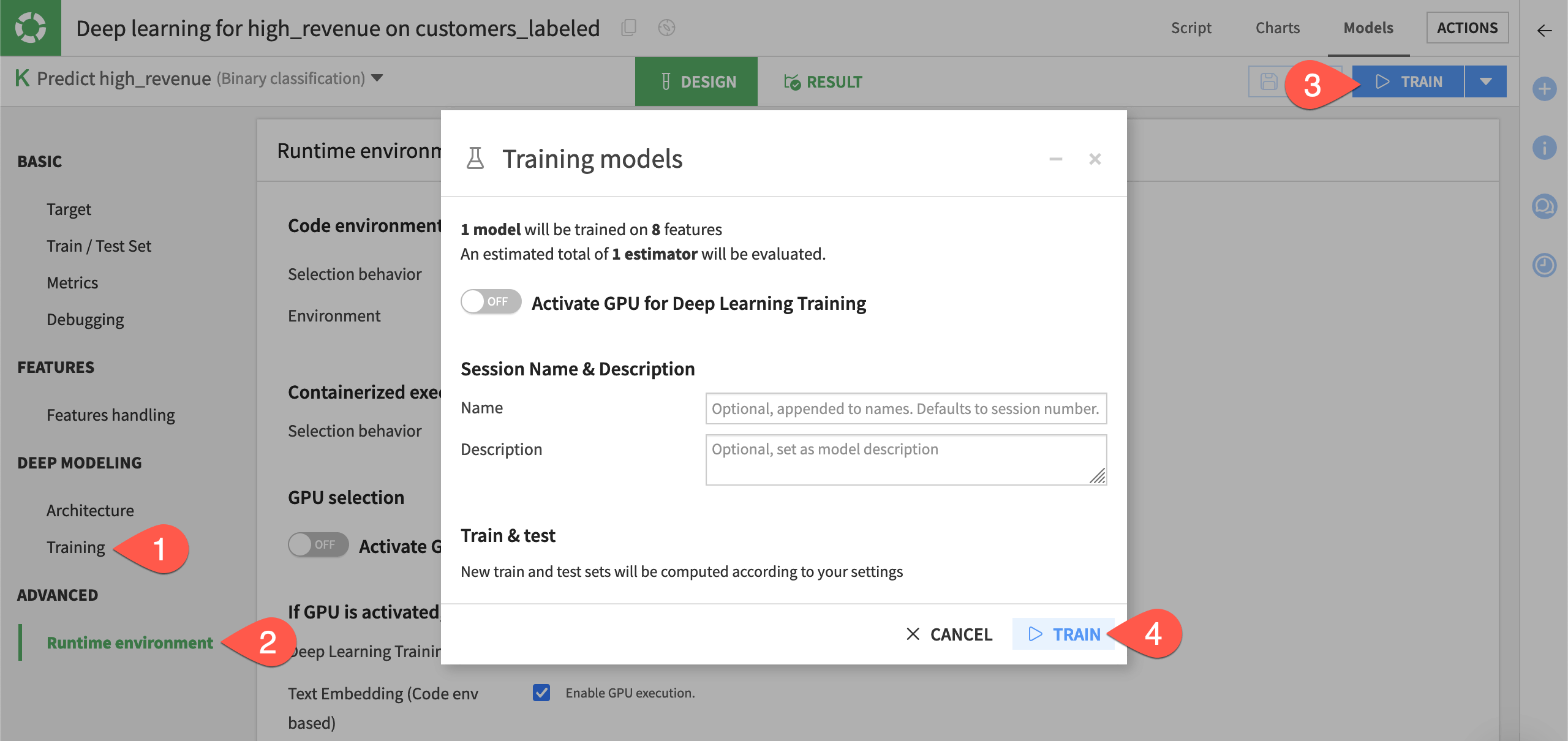 Dataiku screenshot of the dialog to train a deep learning model.