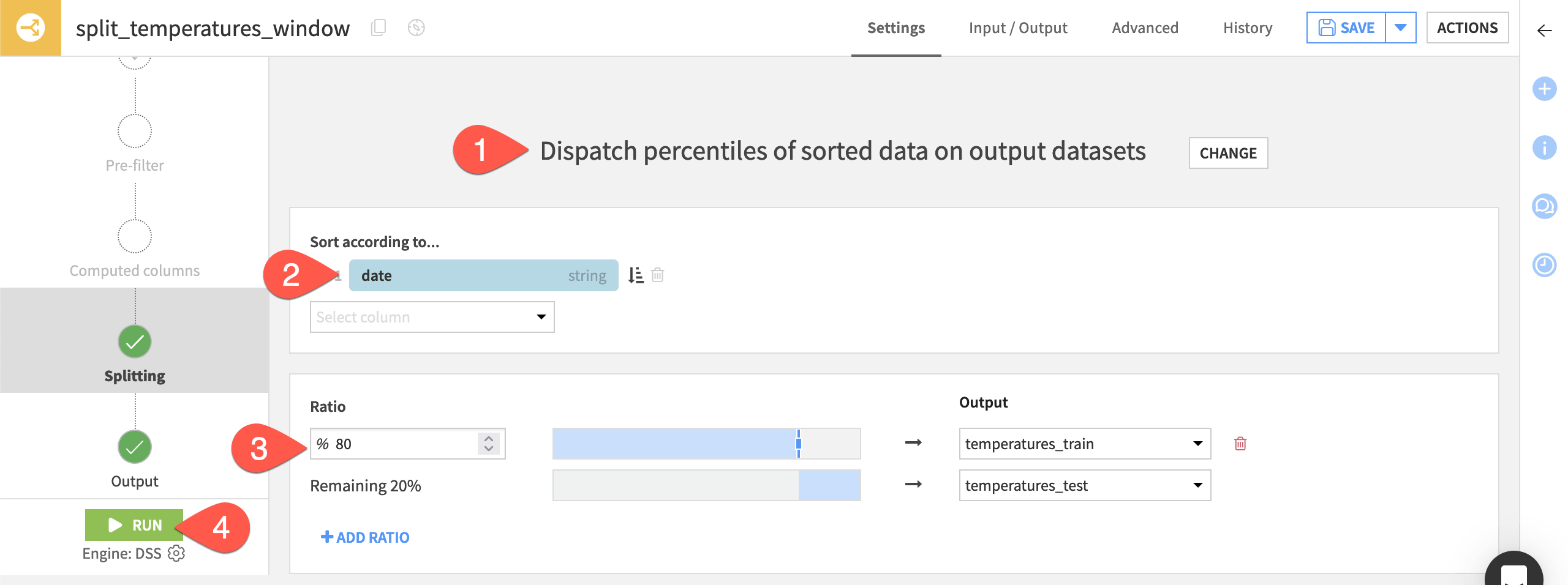 Dataiku screenshot of a Split recipe settings tab.