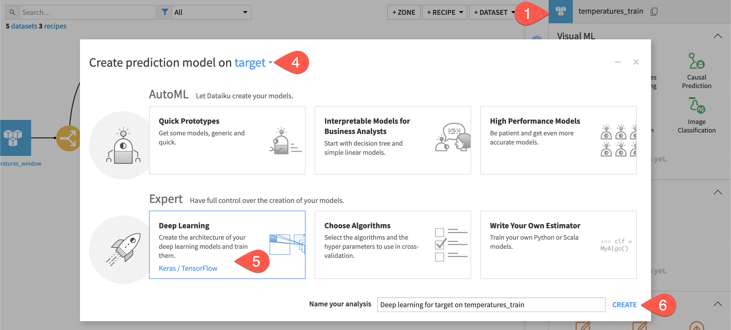 Dataiku screenshot of the dialog to create a deep learning task.