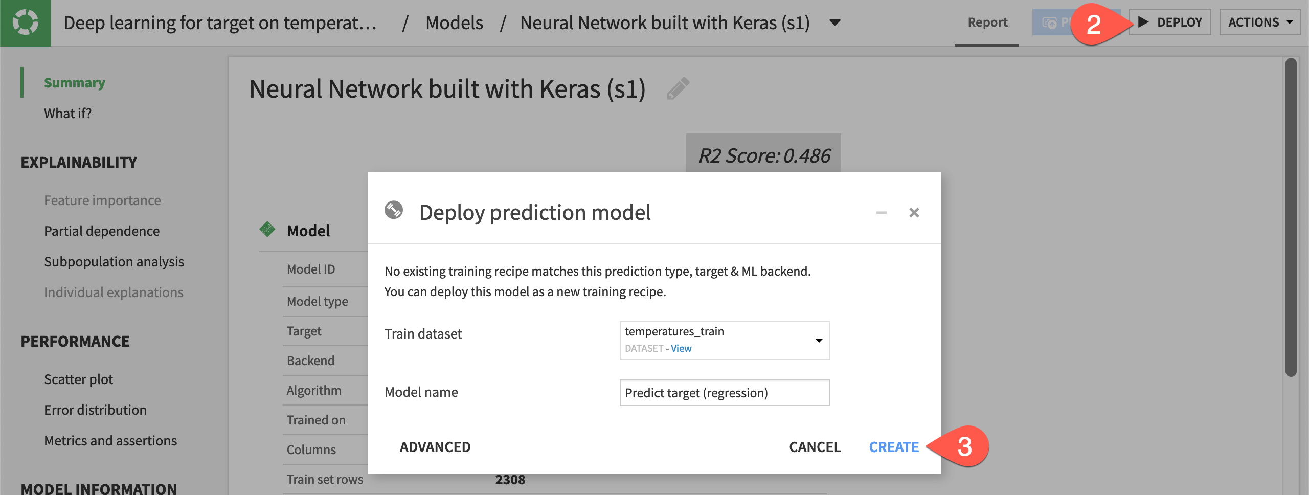 Dataiku screenshot of the dialog for deploying a model.