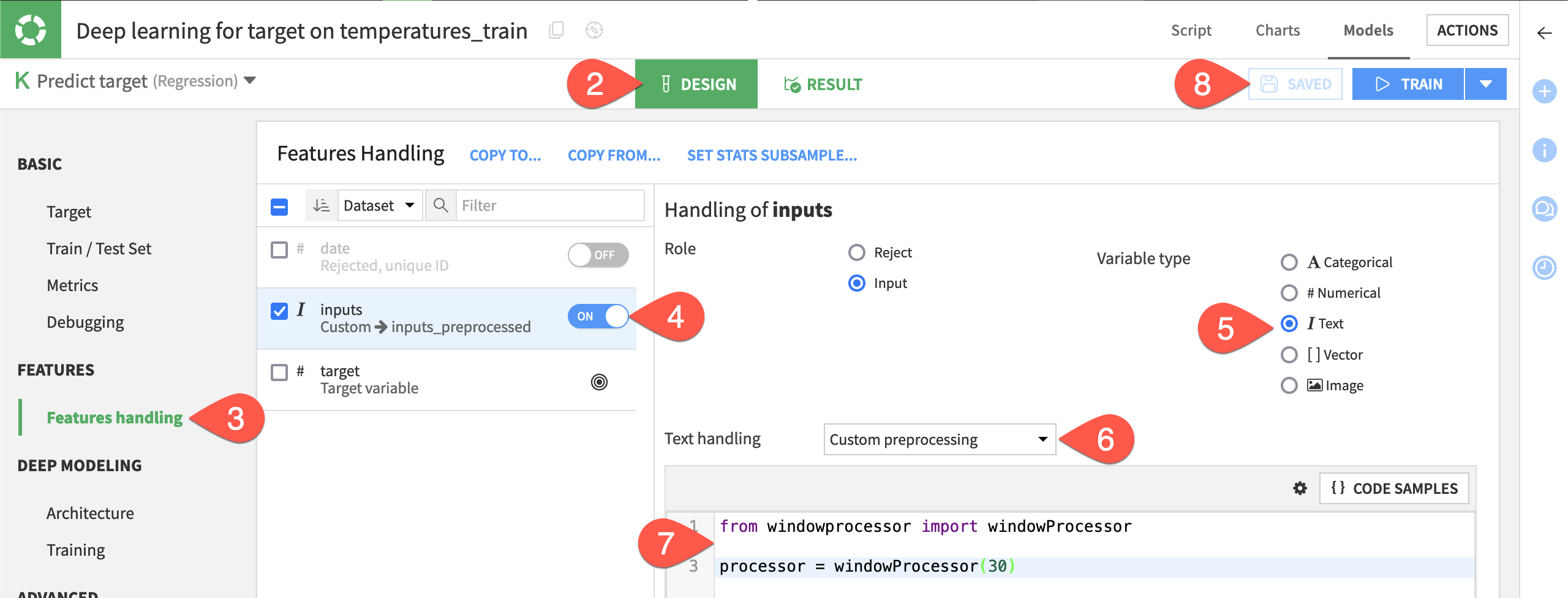 Dataiku screenshot of the features handling panel of a deep learning model.