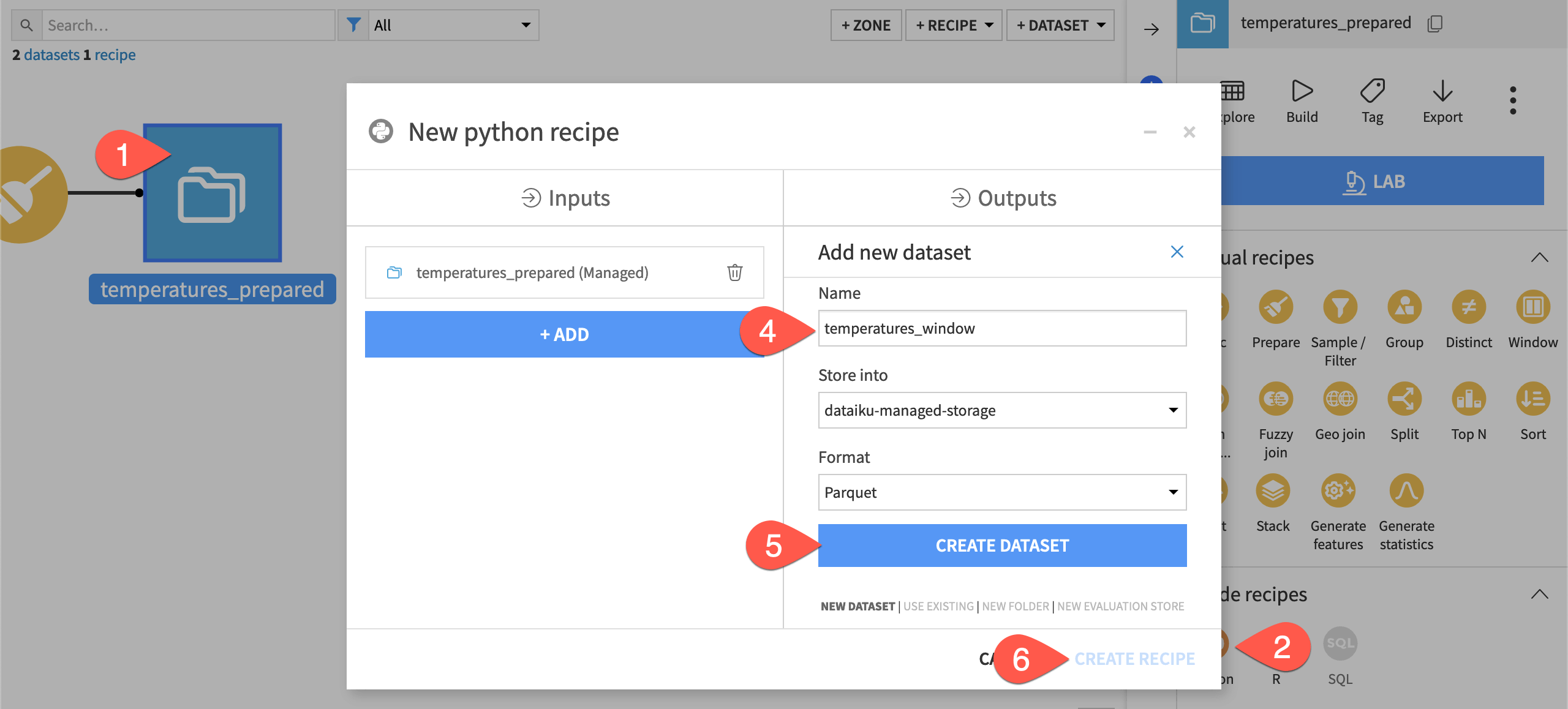 Dataiku screenshot of the dialog for a Python recipe.