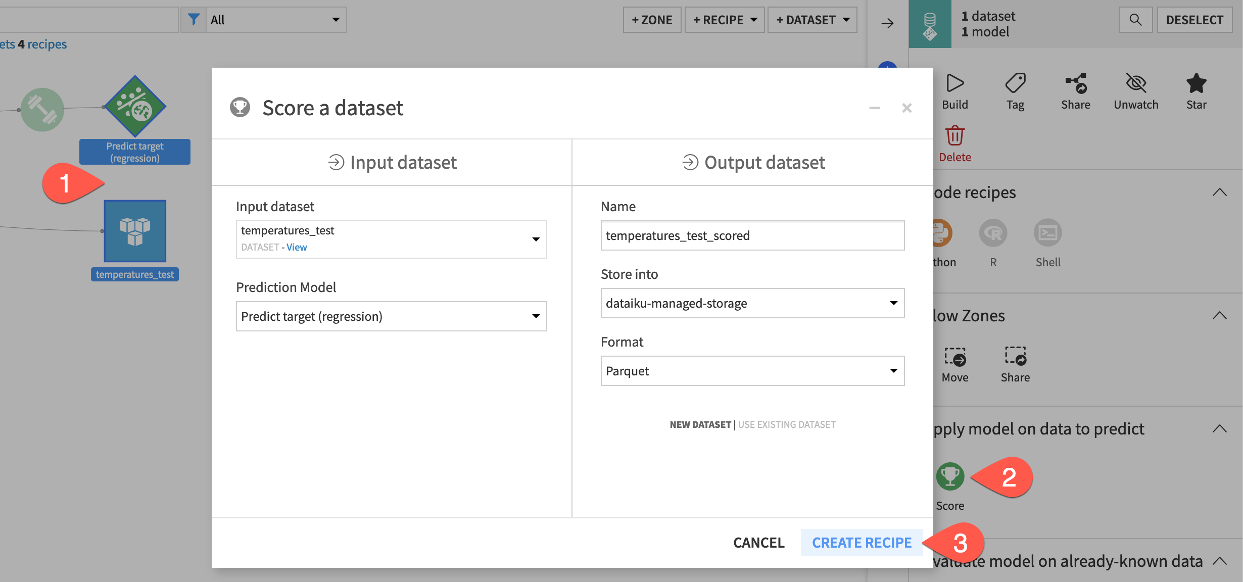 Dataiku screenshot of the dialog to create a Score recipe.