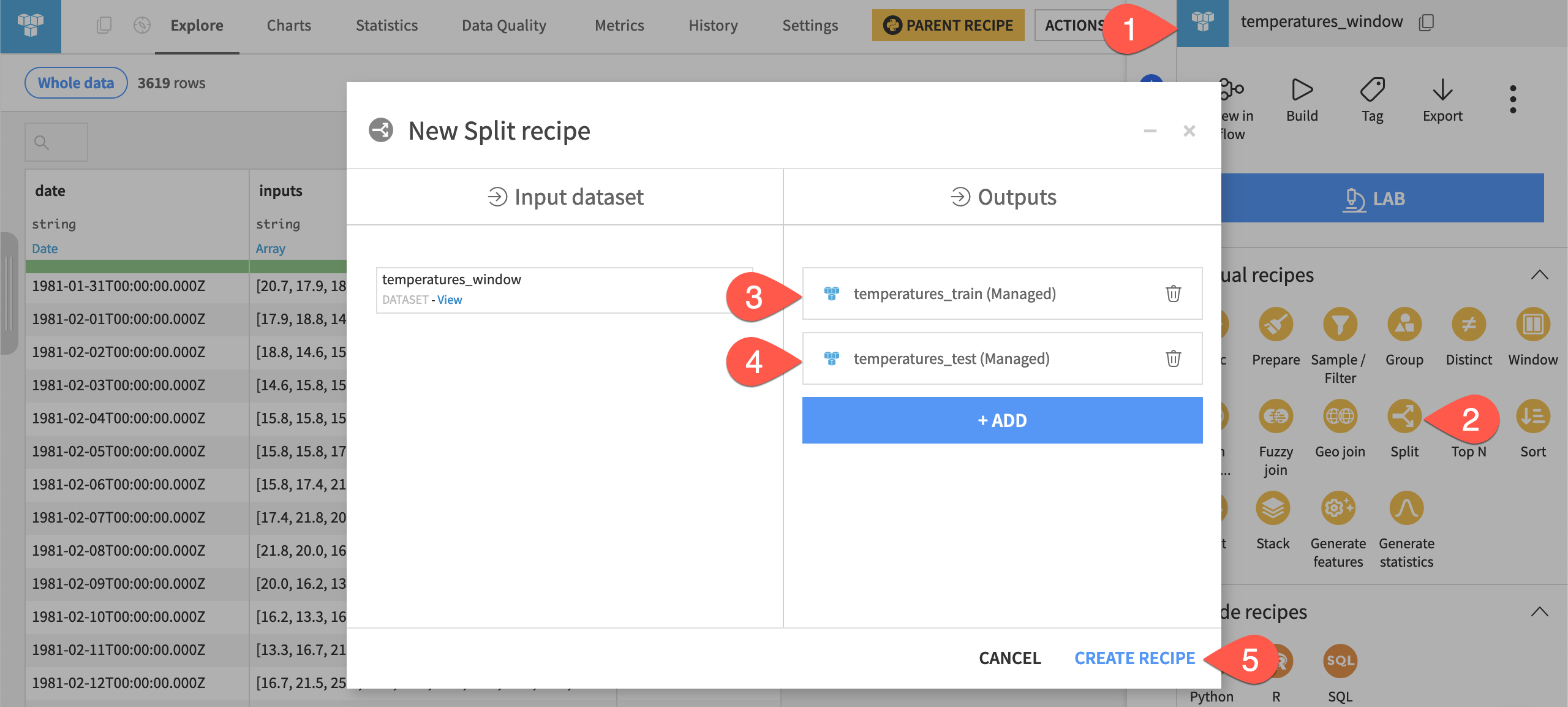 Dataiku screenshot of the dialog to create a Split recipe.