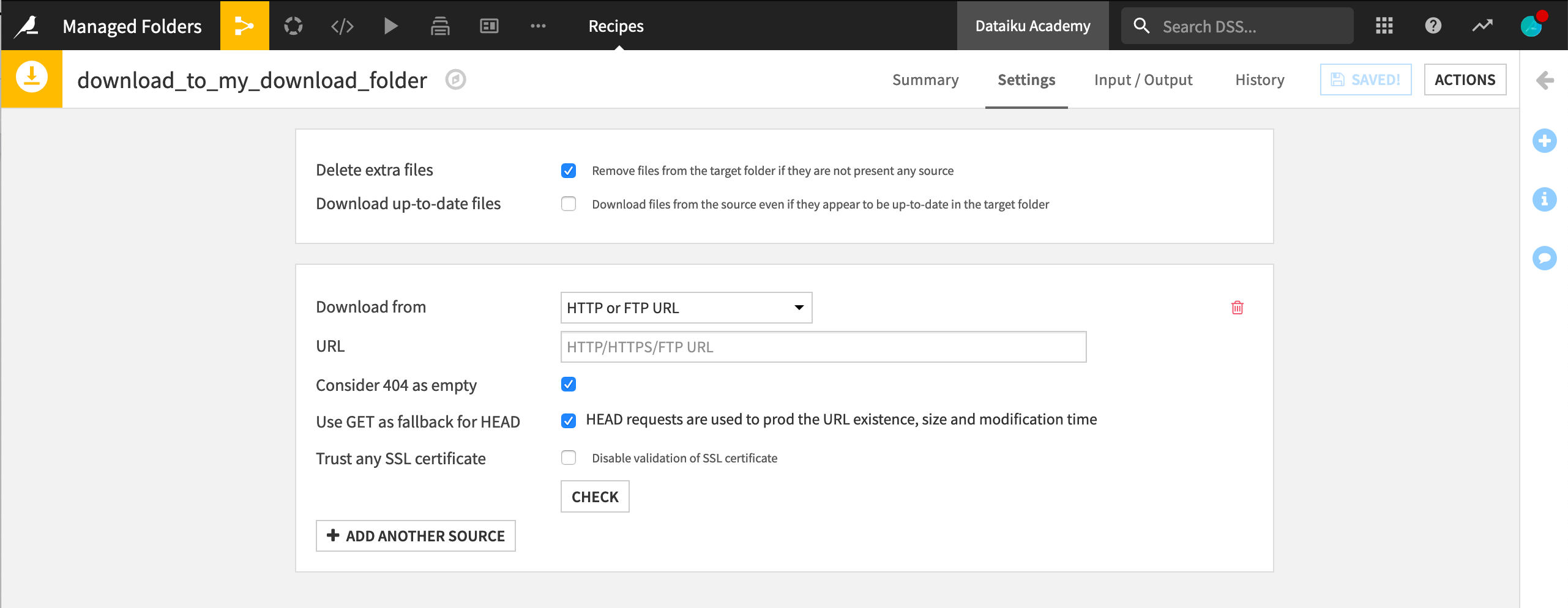 Dataiku screenshot of a Download recipe that creates a managed folder.