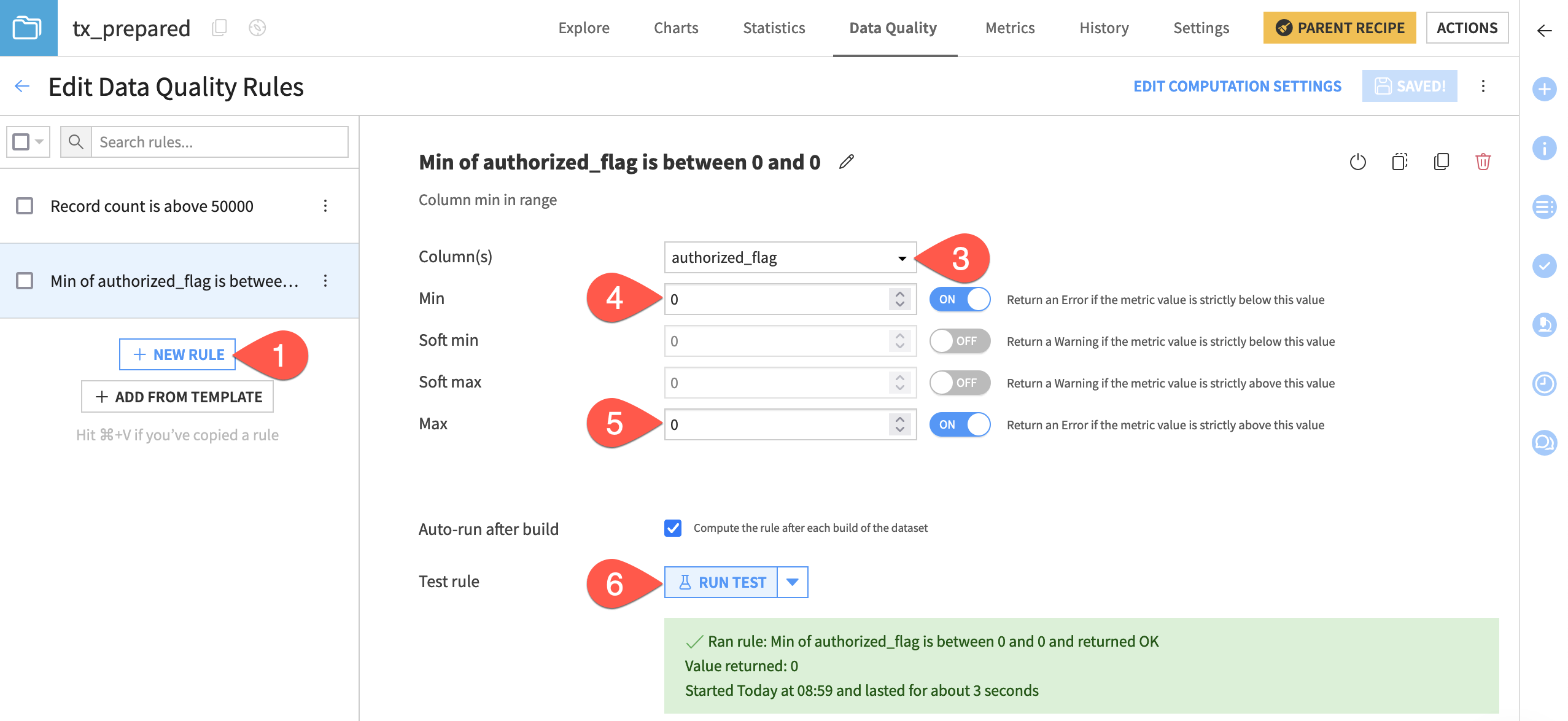 Dataiku screenshot of a data quality rule for a minimum value in a column.