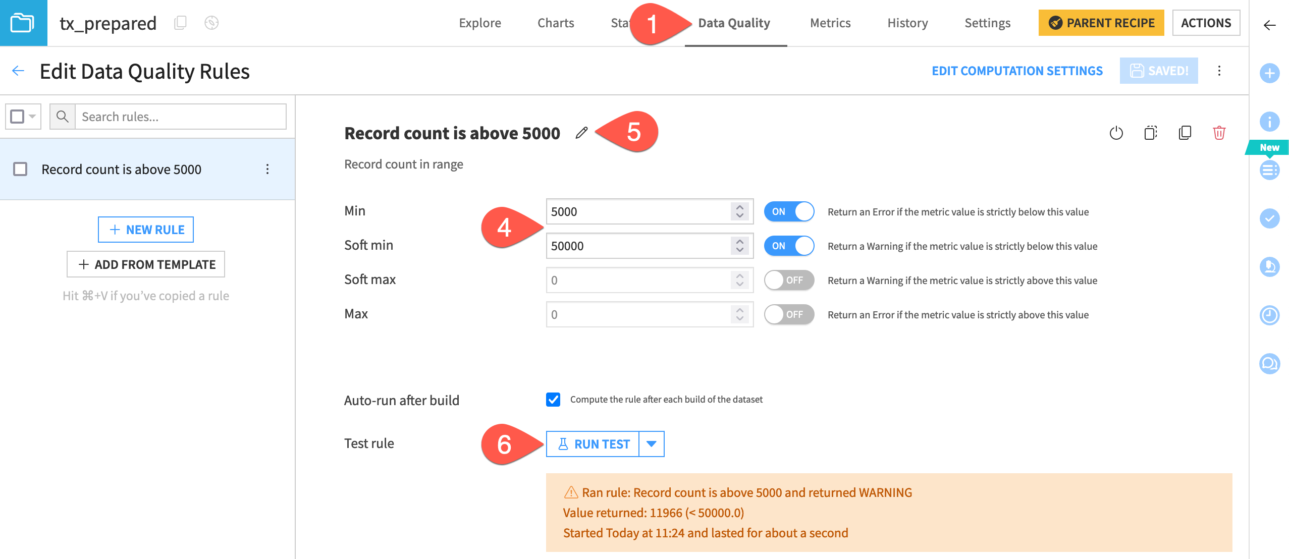 Dataiku screenshot of a check for a metric in a range of values.