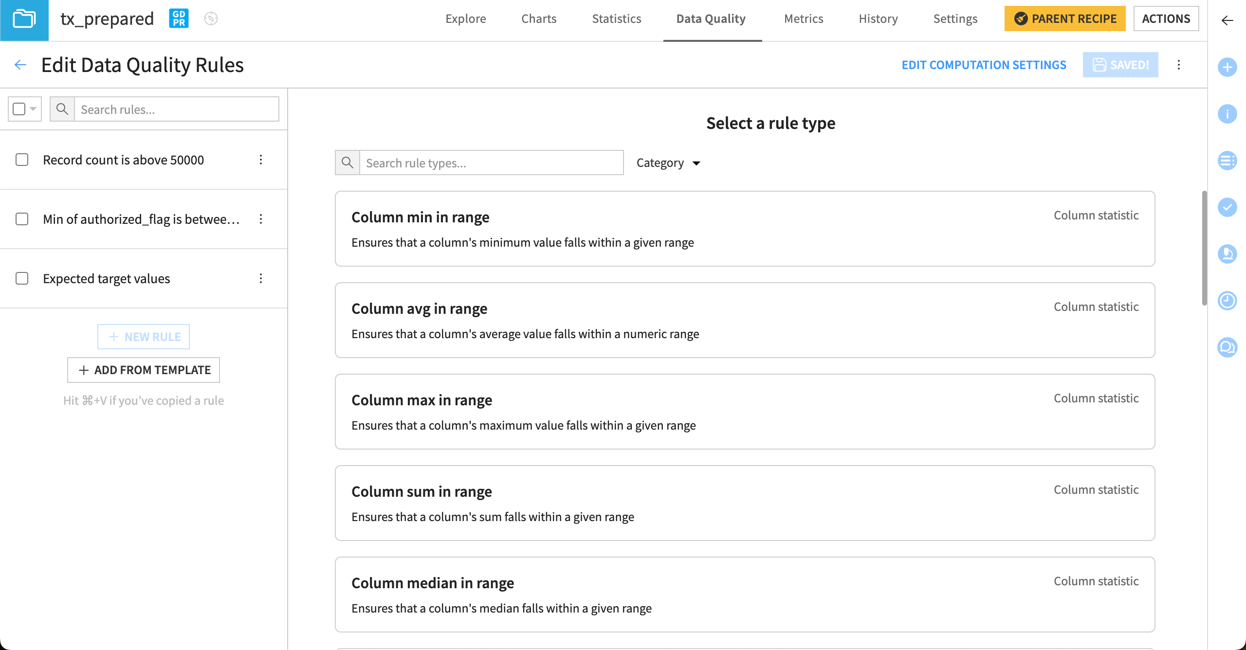 The edit data quality rules page on a dataset.