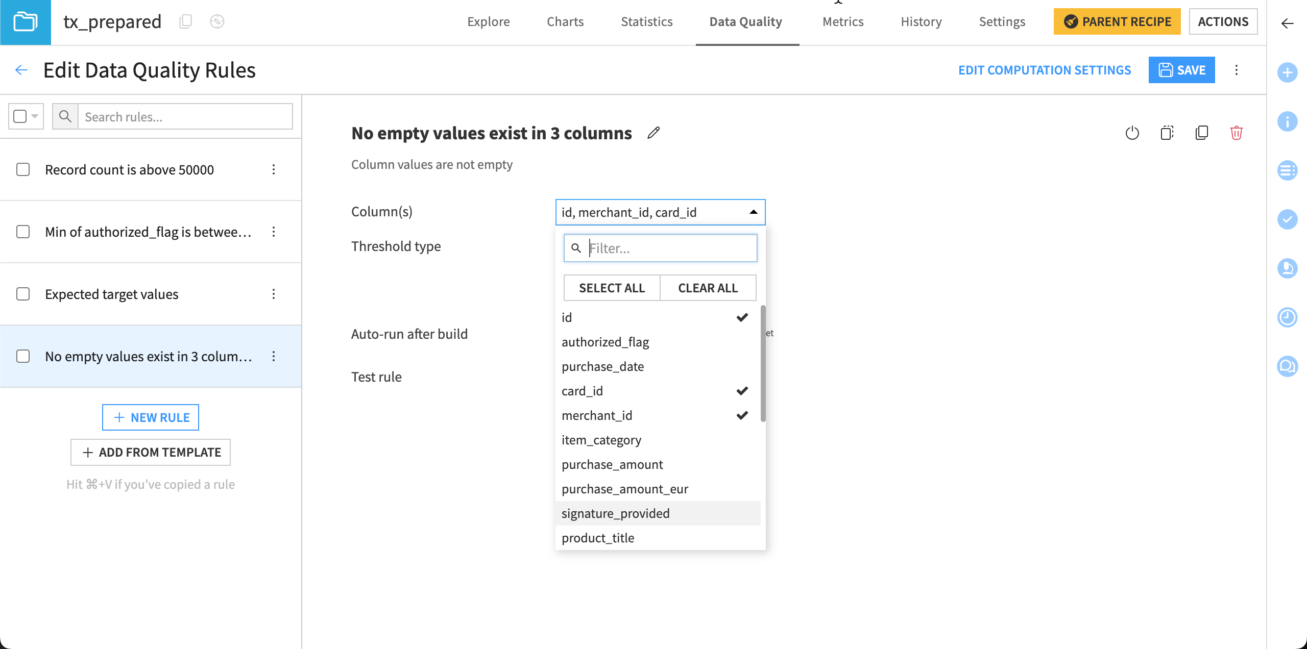 Menu to add one or many columns to a data quality rule.