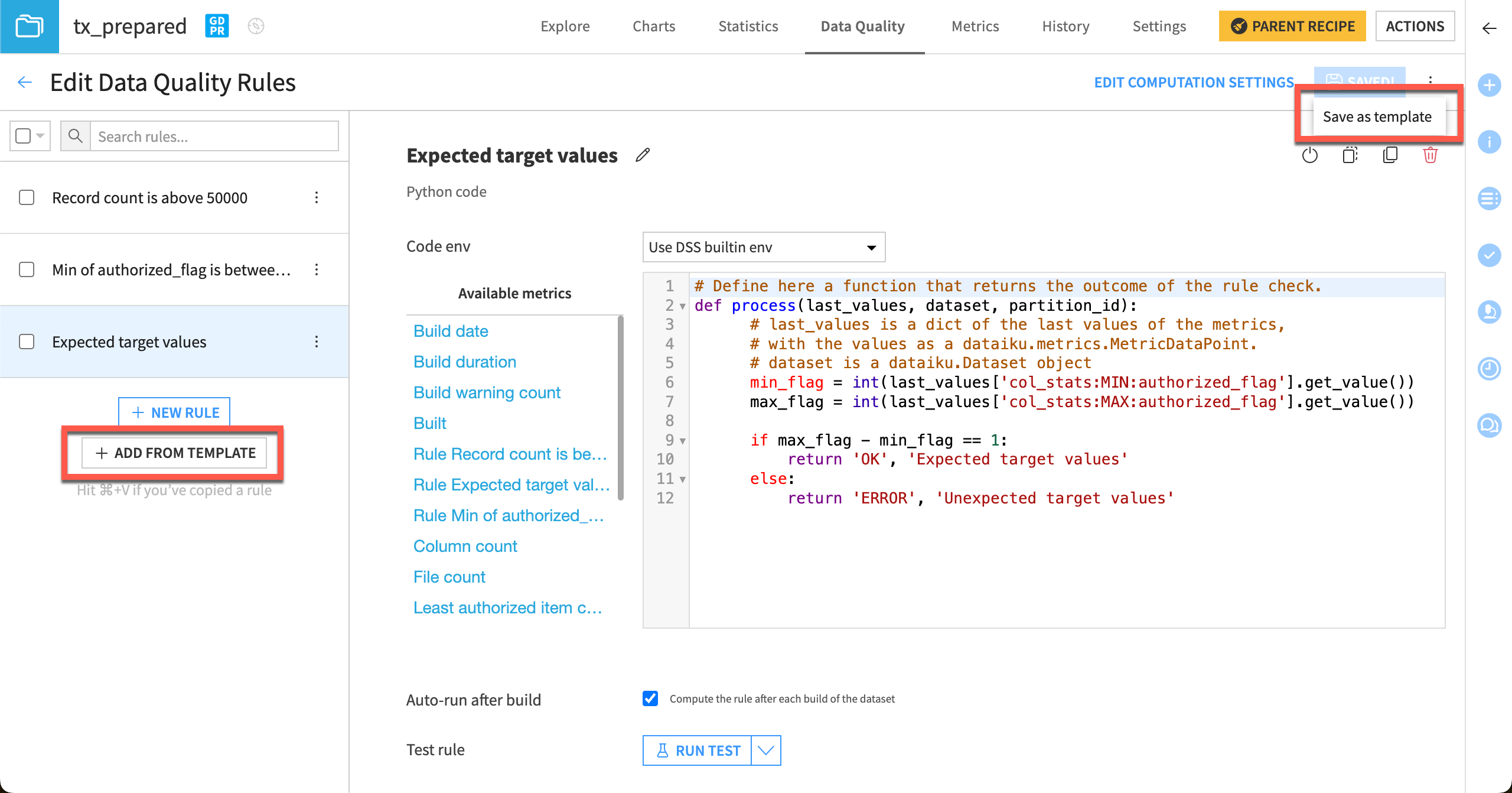 Screenshot showing buttons to save data quality templates and add rules from a template.