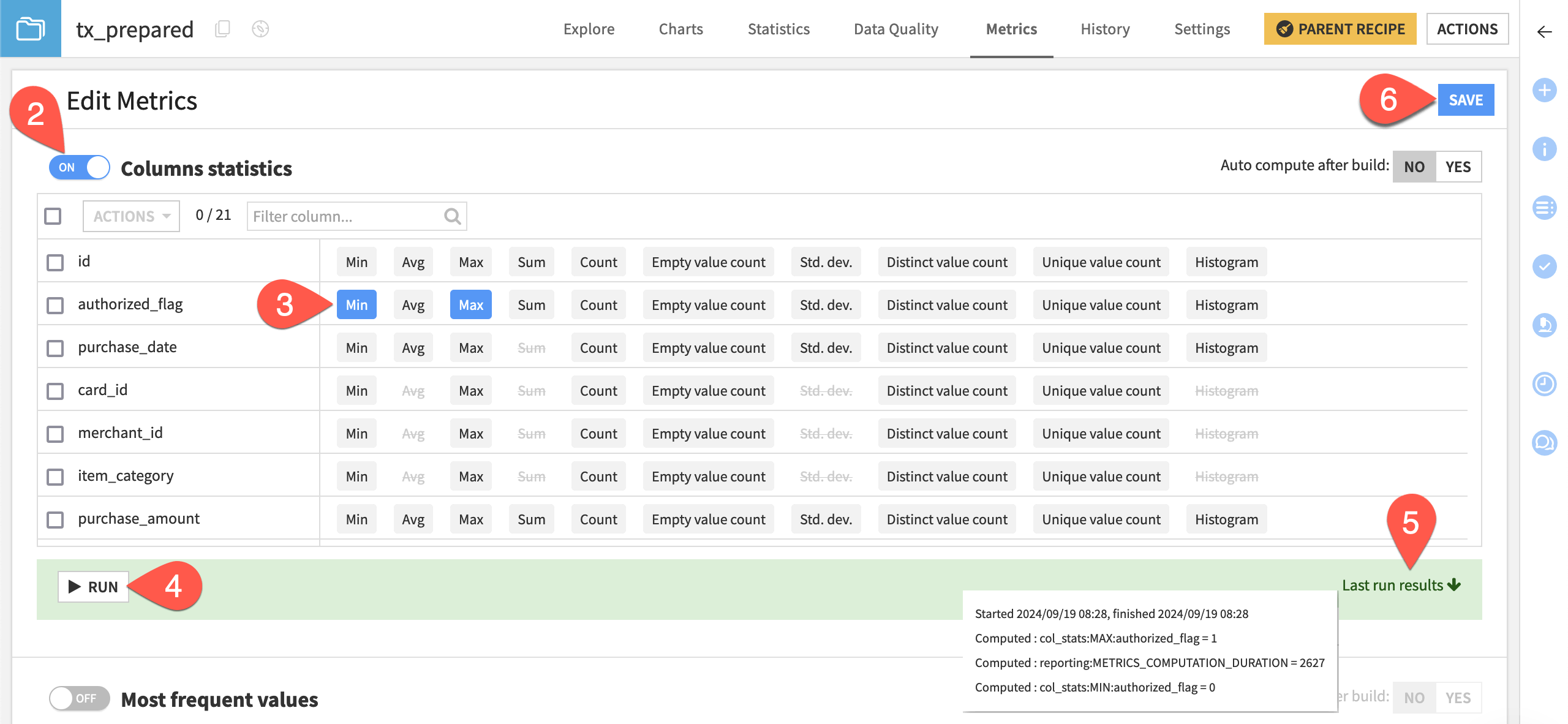 Dataiku screenshot of the edit metrics page of a dataset.