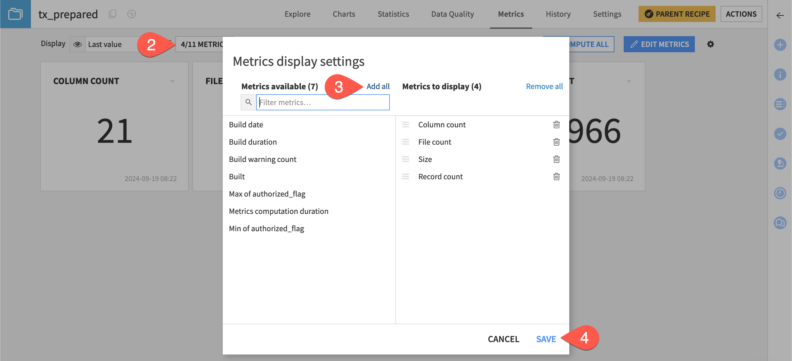 Dataiku screenshot of the dialog for displaying metrics.