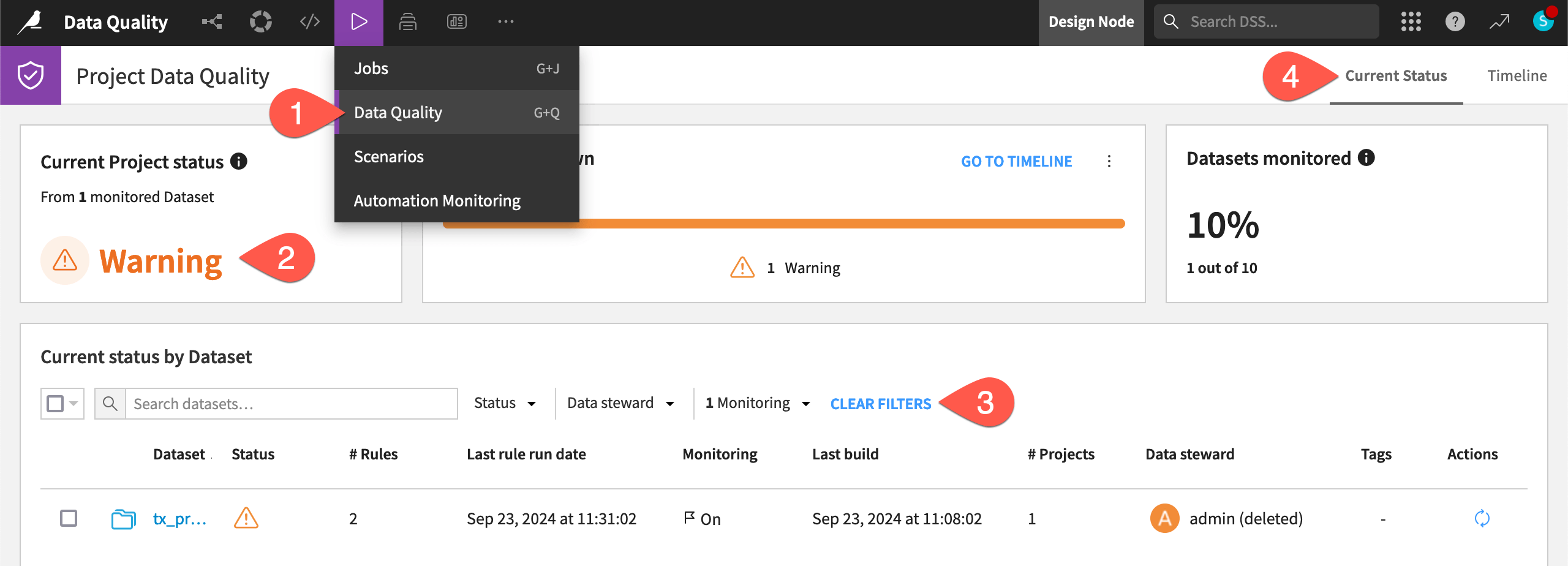 Dataiku screenshot of a data quality view for a project.