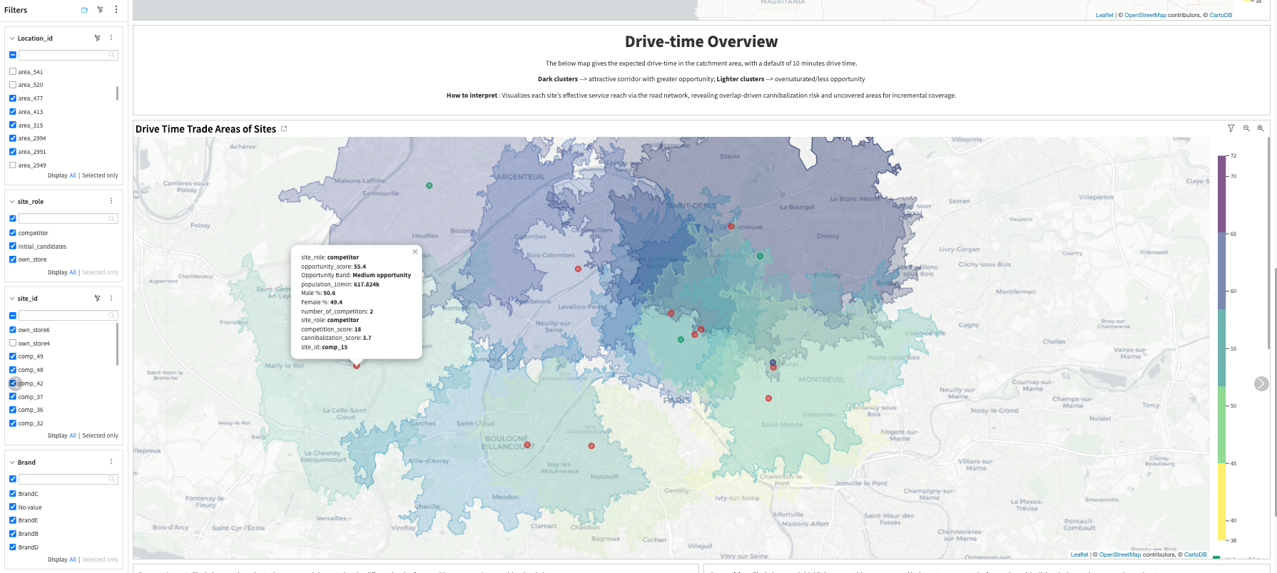 Dataiku screenshot showing opportunity score and catchment areas.