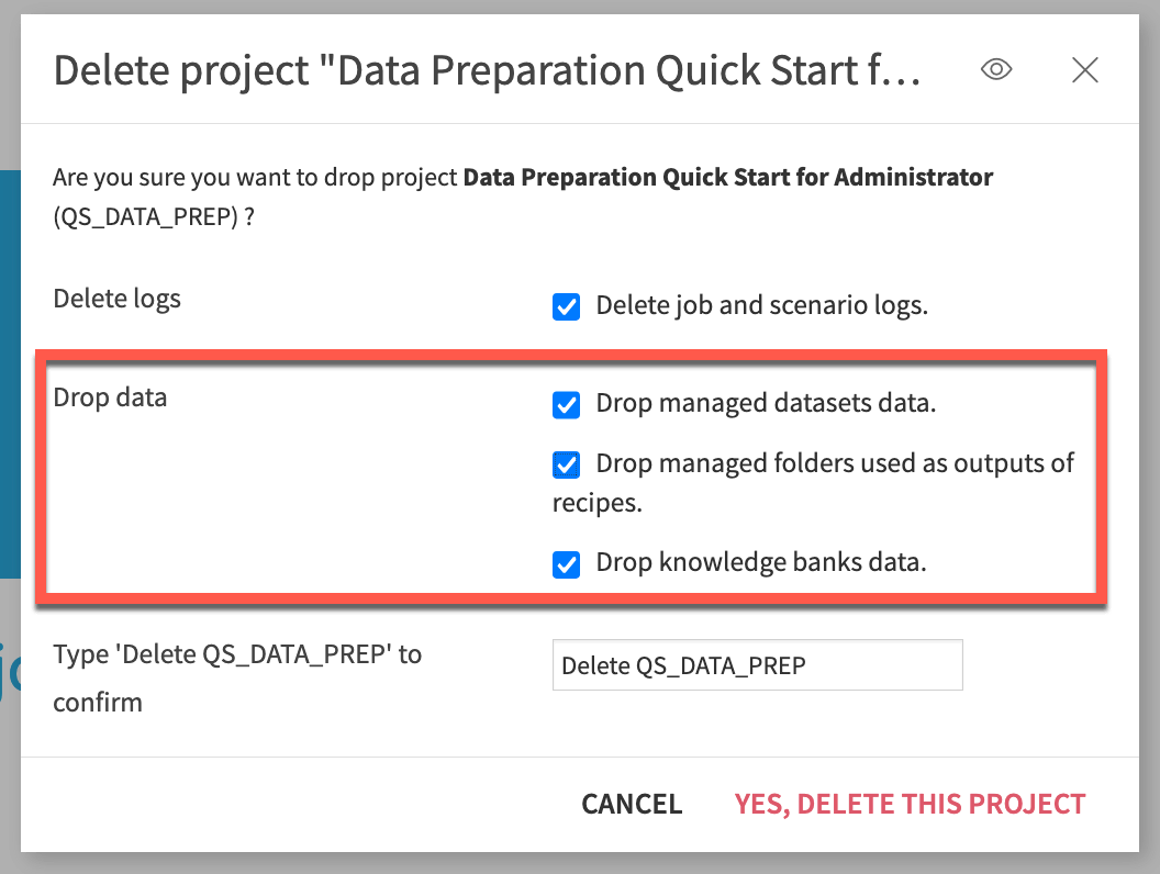 Dataiku screenshot of the dialog for deleting a project.