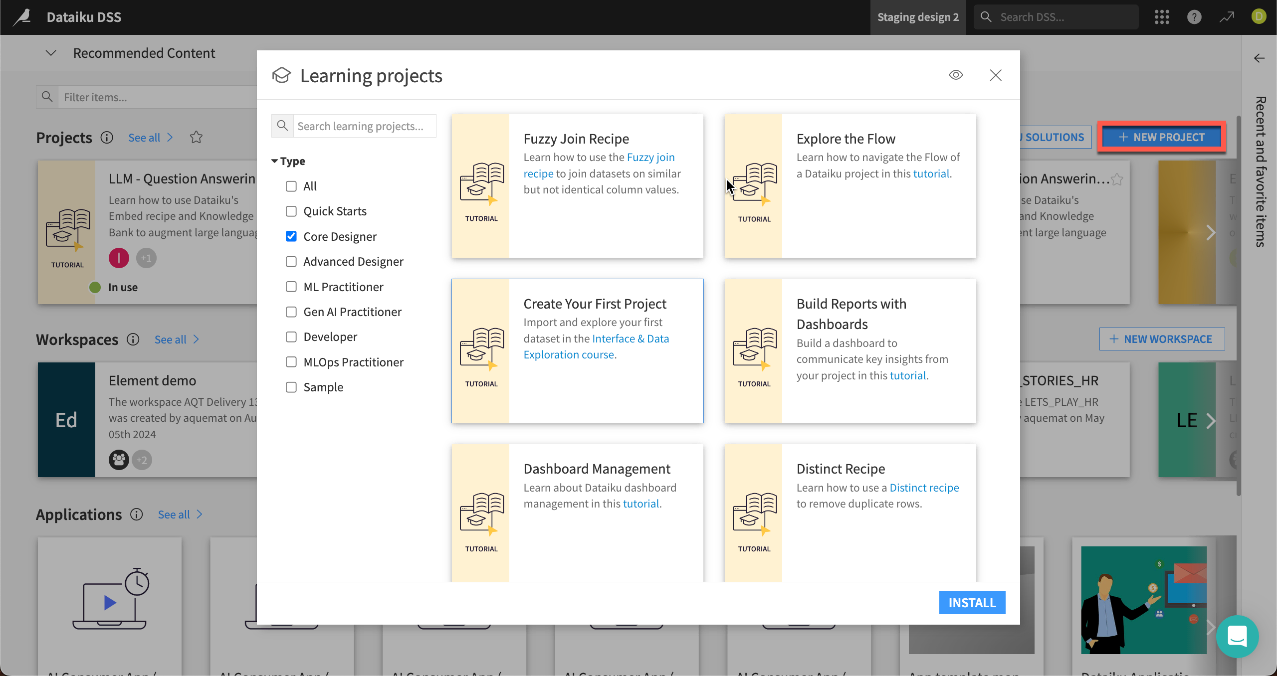 A screenshot of the Dataiku homepage showing how to create a new project.