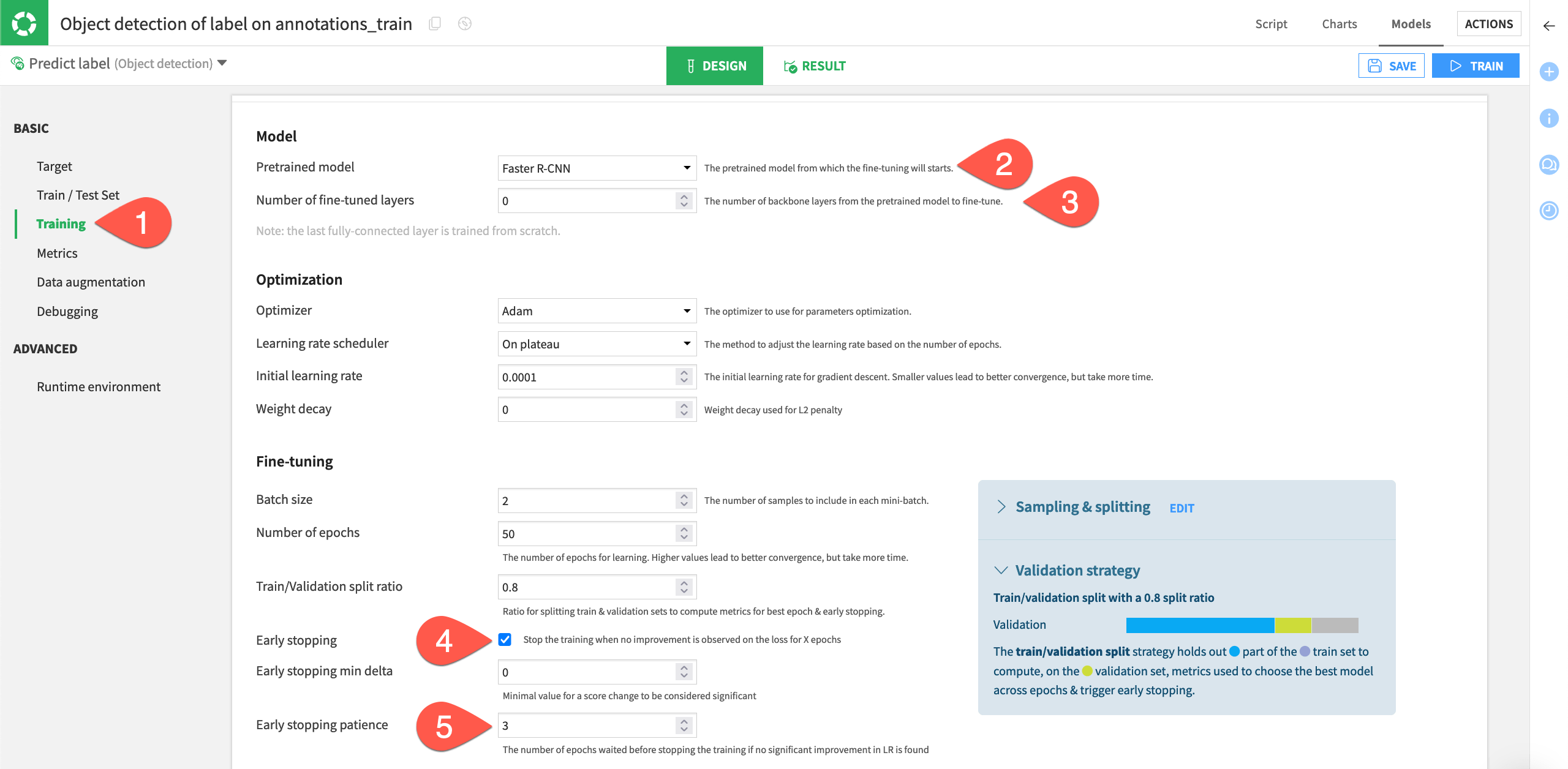 In the Training panel, you can control the model optimization and fine-tuning parameters.