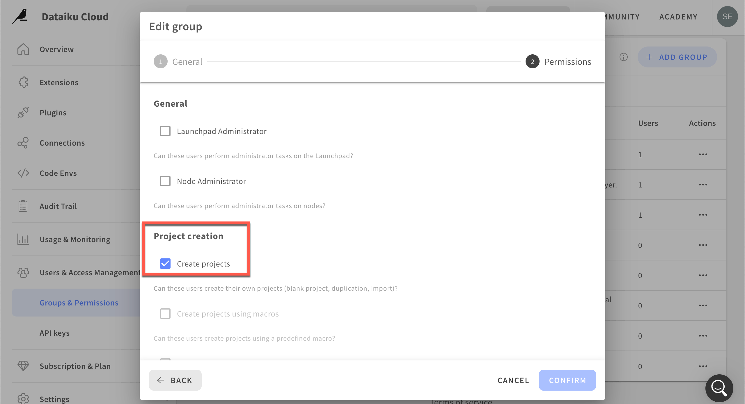 Dataiku screenshot of the edit group page in the Cloud Launchpad.