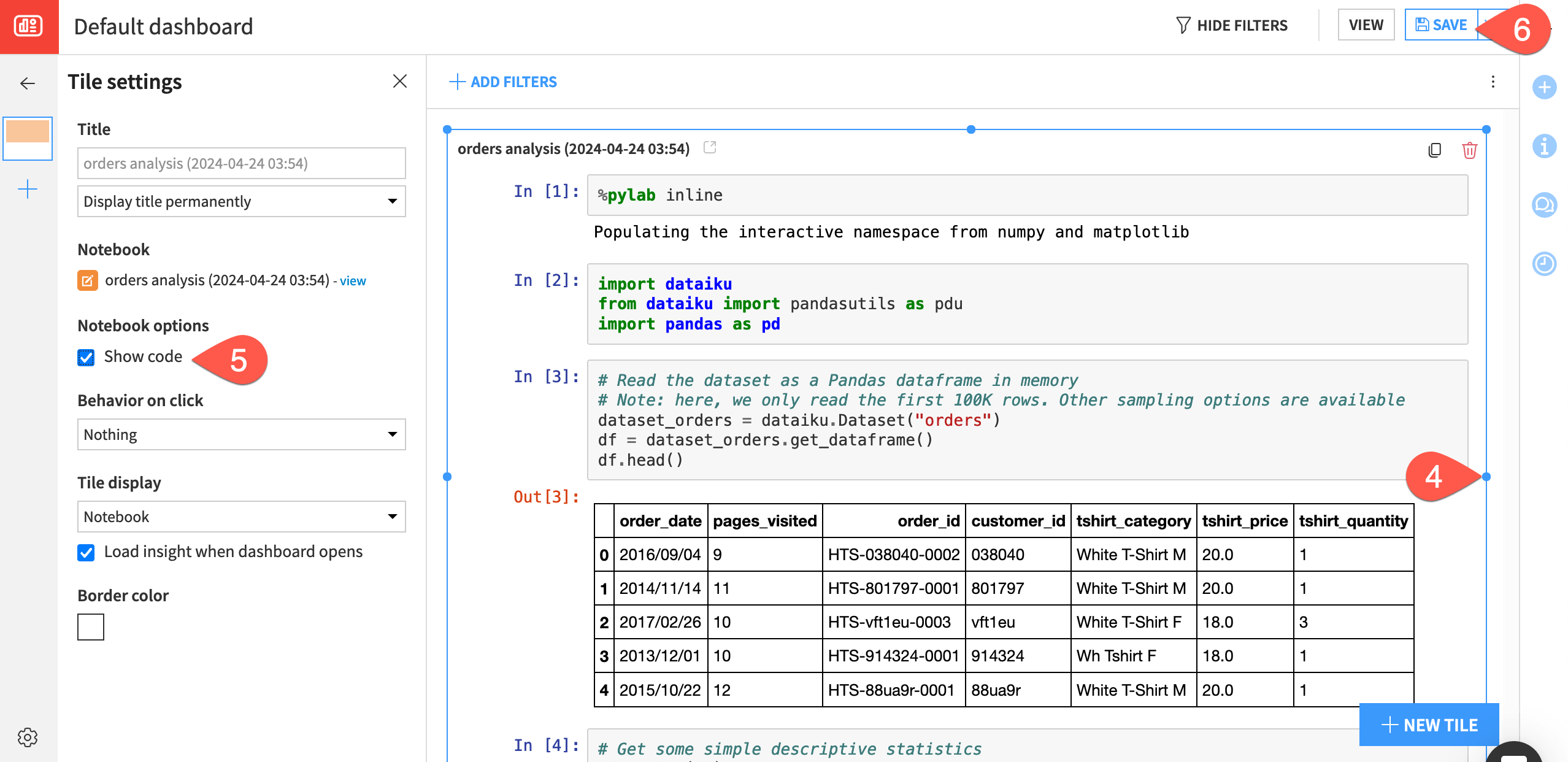 Dataiku screenshot of a code notebook insight in a dashboard from the Edit tab.