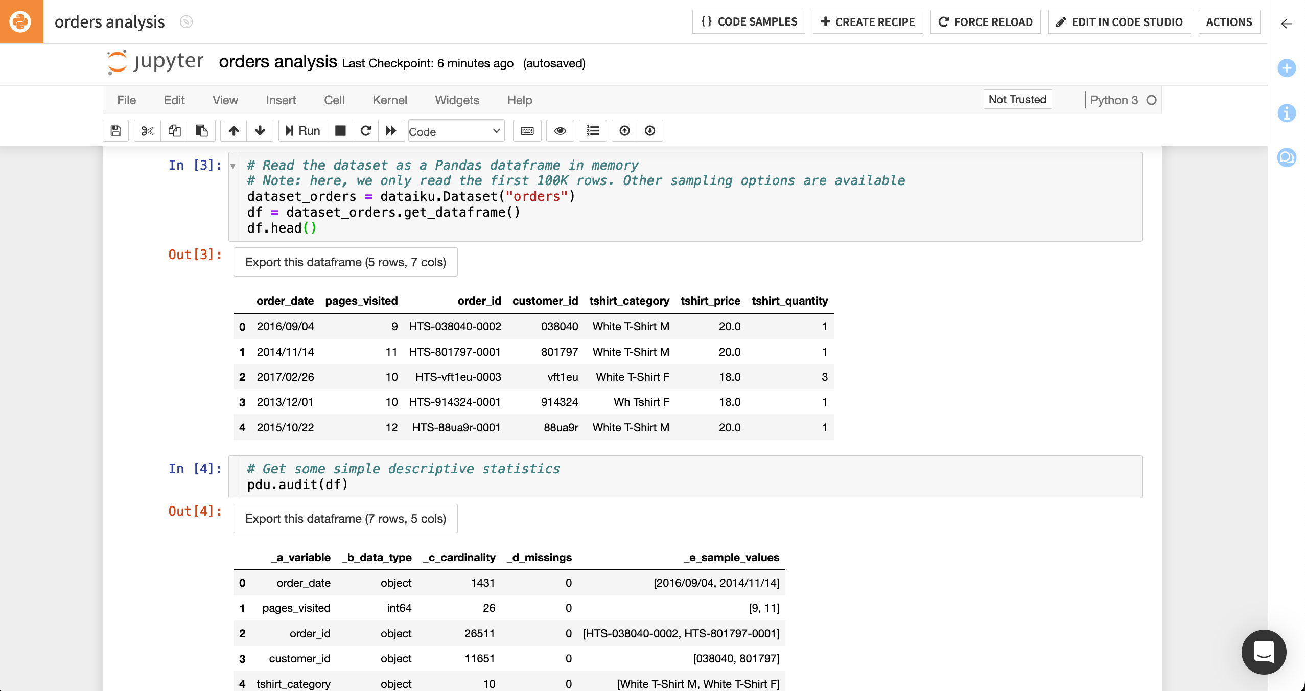 Dataiku screenshot of an edited Python notebook.