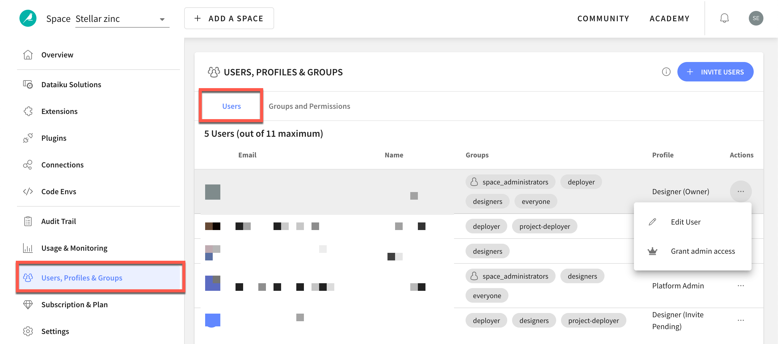 Dataiku screenshot of the users tab in the Dataiku Cloud Launchpad.