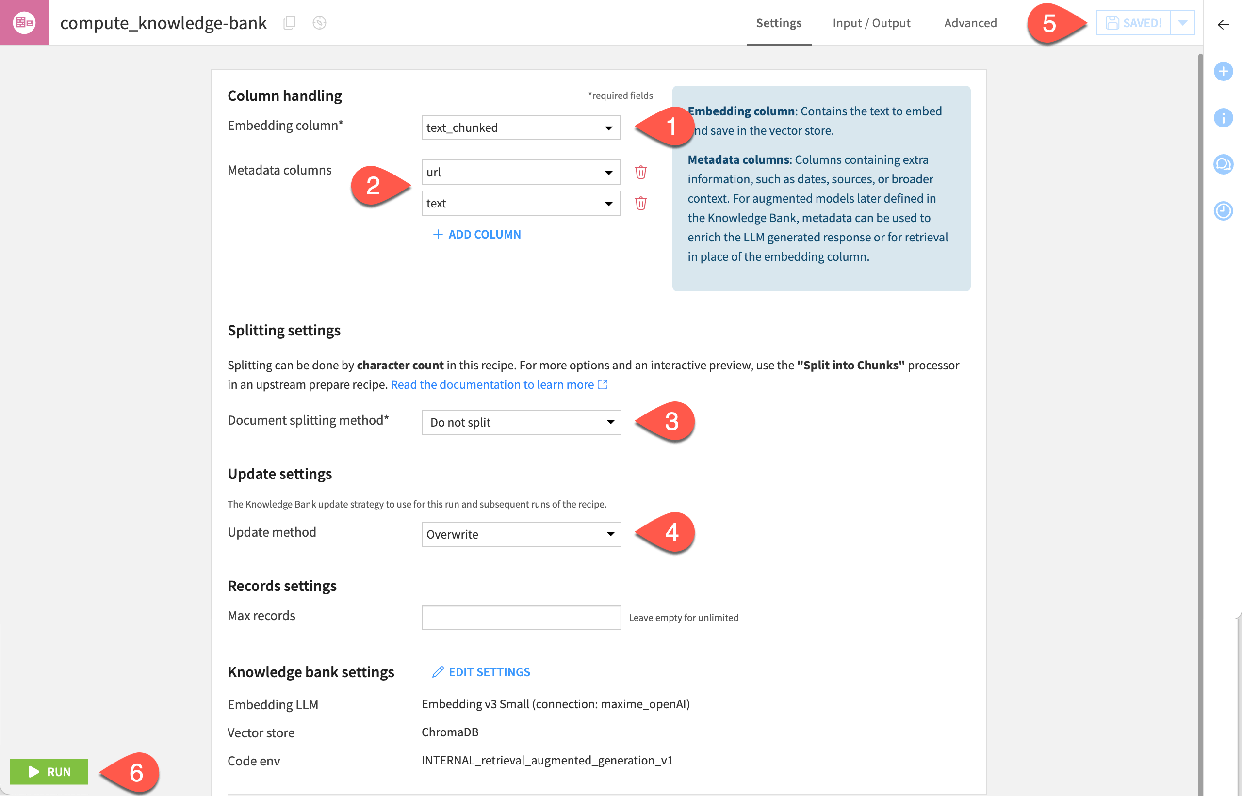 Screenshot of the settings page of an Embed dataset recipe.