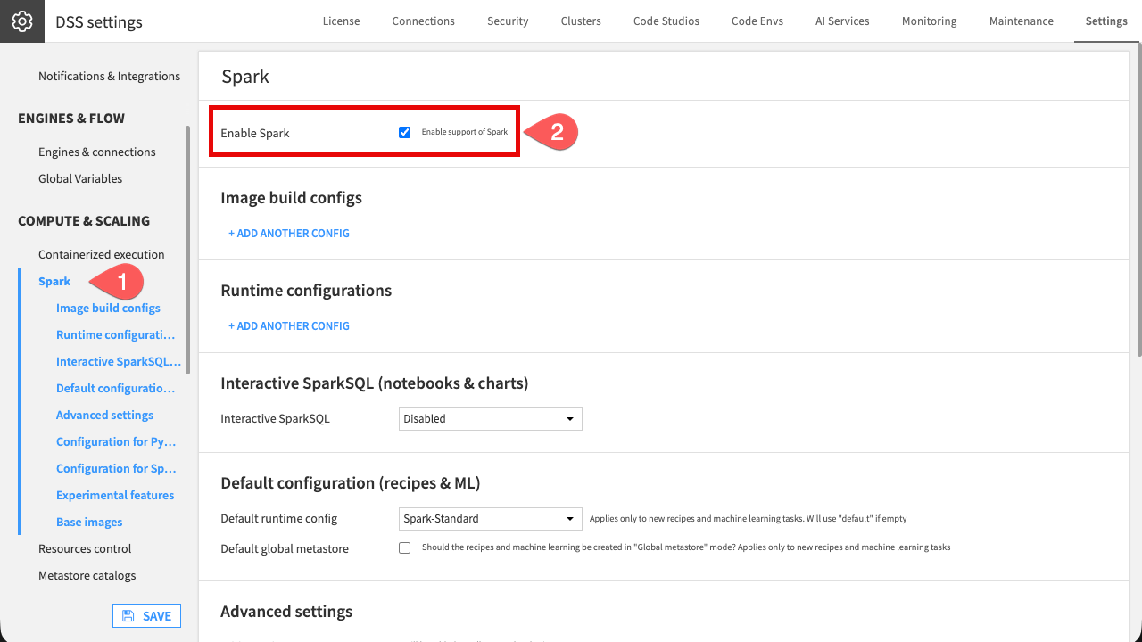 Screenshot of a Spark settings page with Enable Spark checkbox.