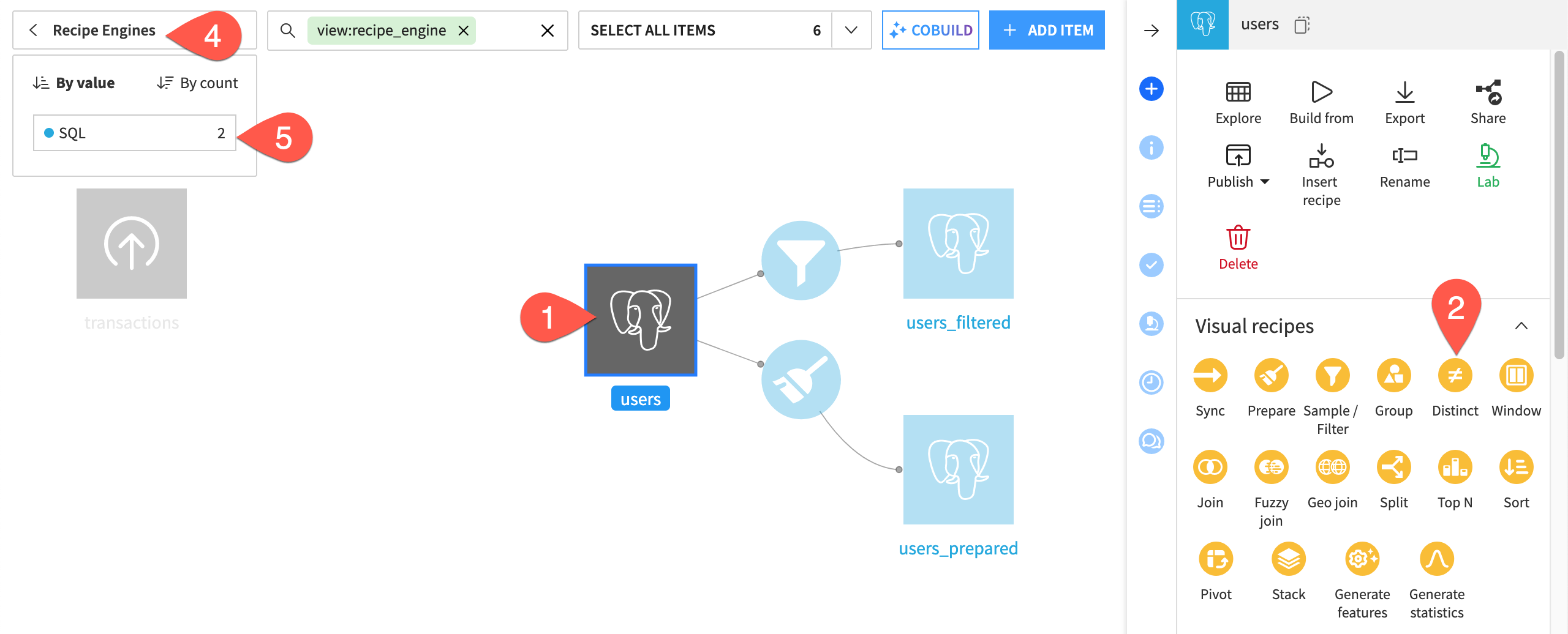 Dataiku screenshot of the recipe engines Flow view.