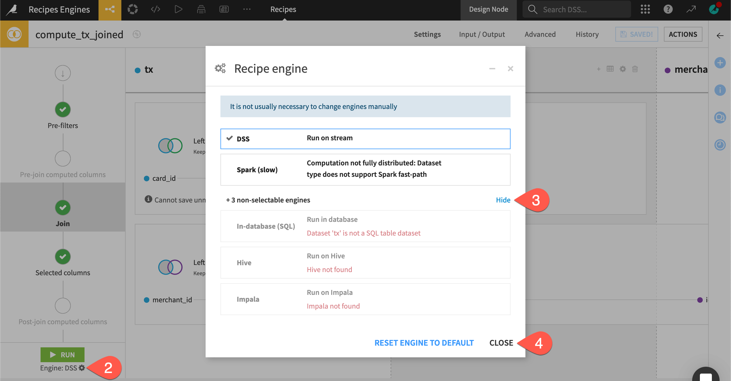 Dataiku screenshot of the dialog for selecting a recipe engine.