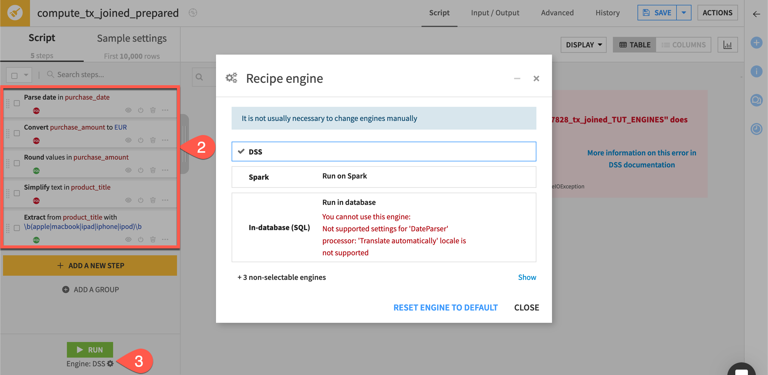 Dataiku screenshot of a Prepare recipe with SQL input and output.