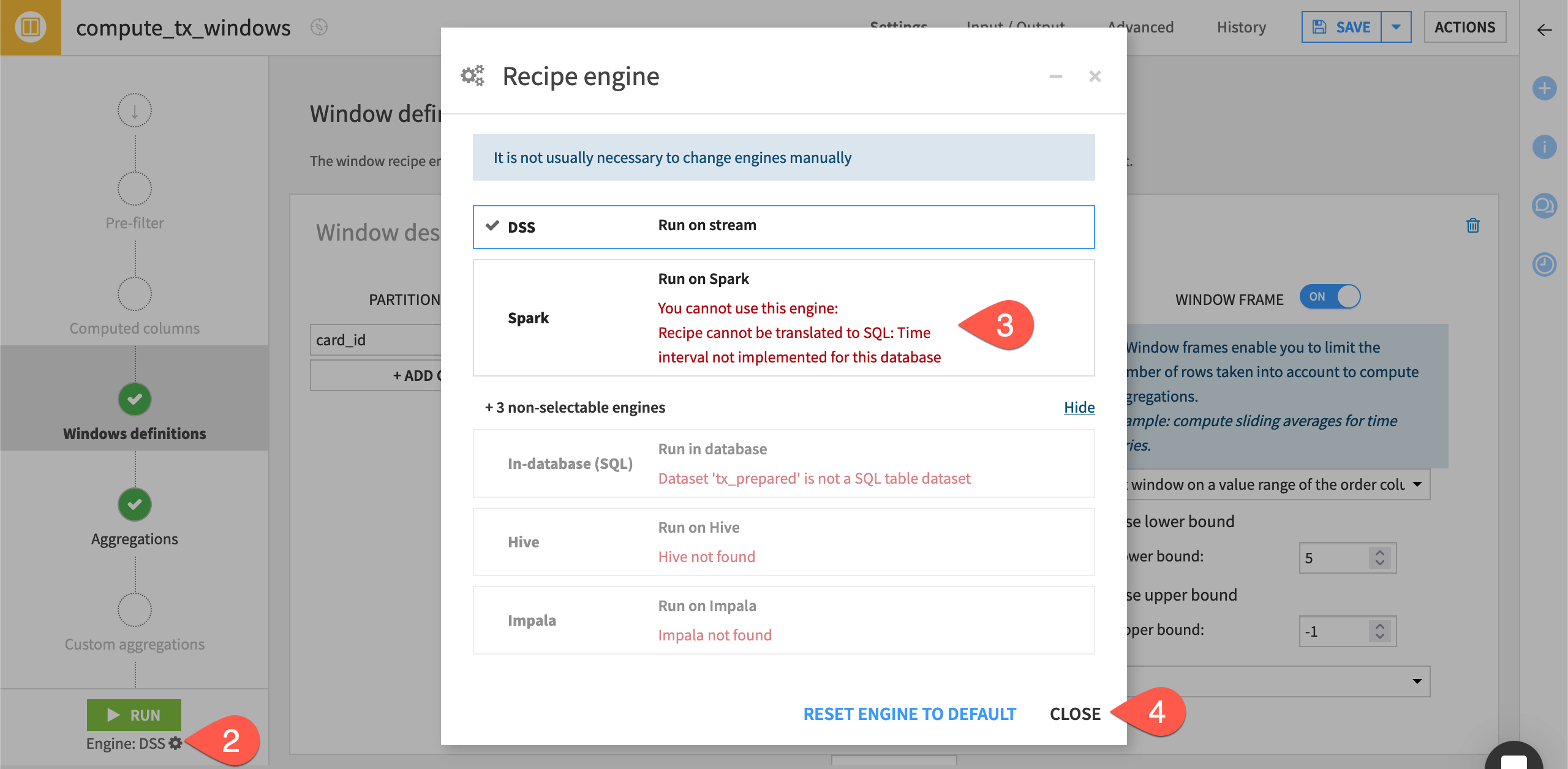Dataiku screenshot of the recipe engine setting of a Window recipe.