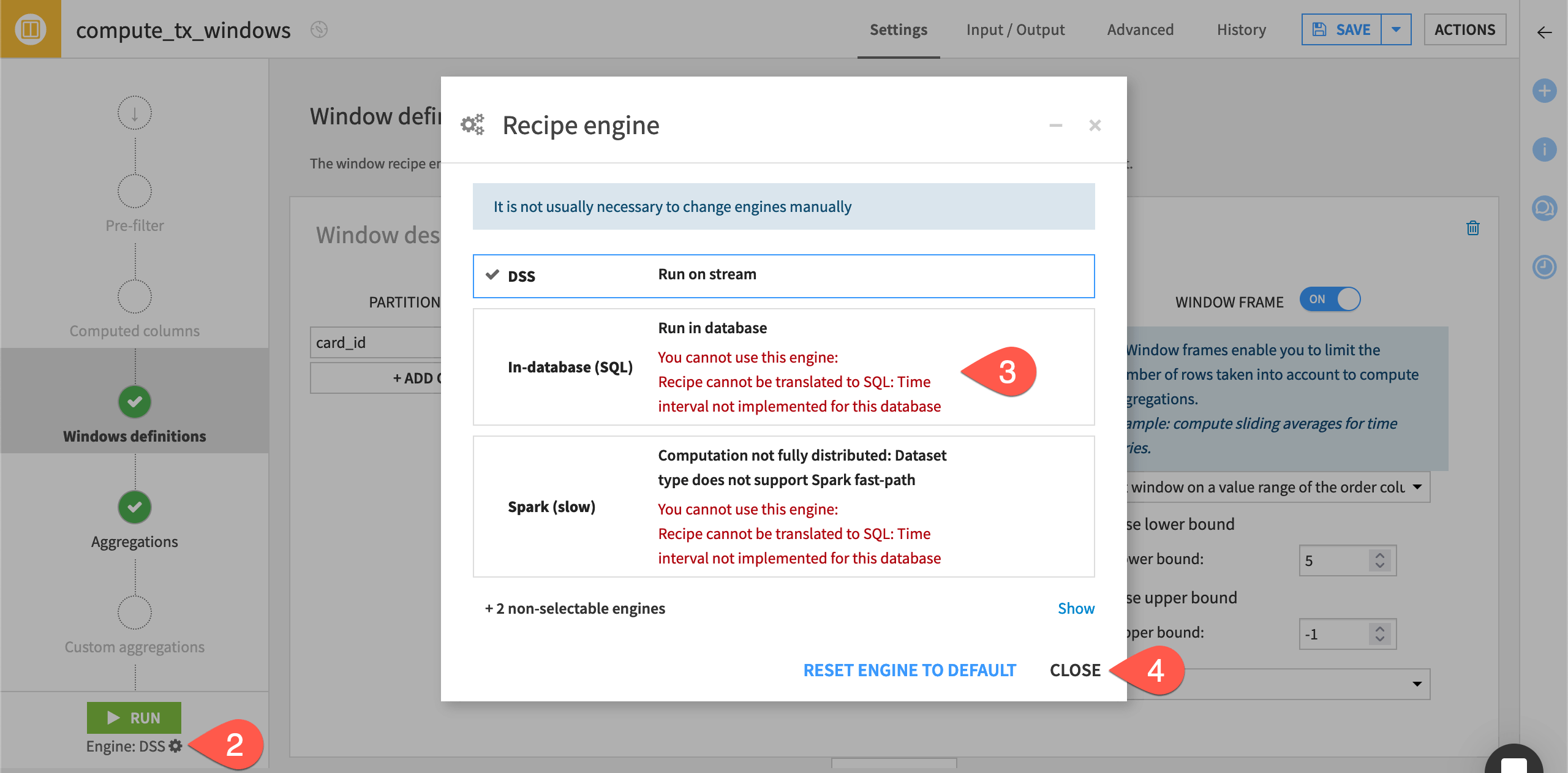 Dataiku screenshot of the recipe engine setting of a Window recipe.