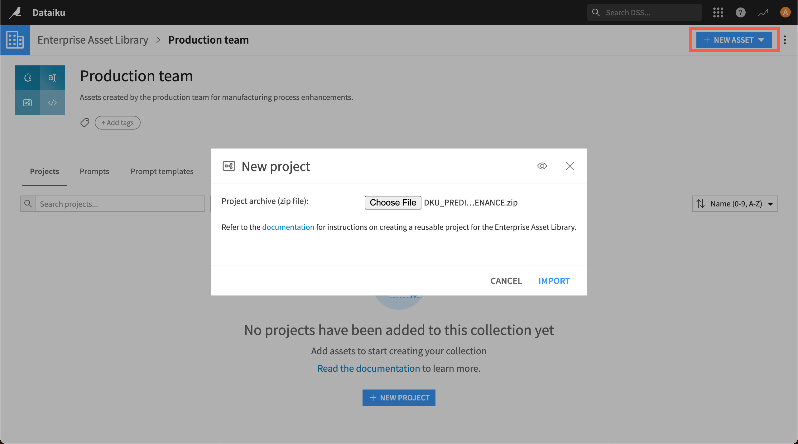Screenshot of uploading a project to the Enterprise Asset Library.