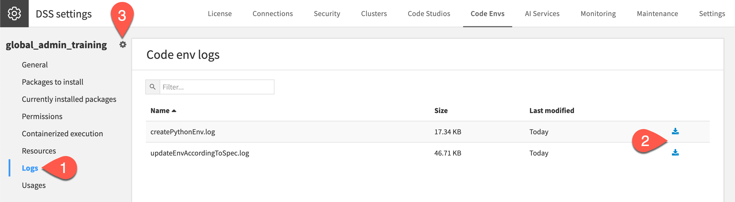 Dataiku screenshot of the Logs panel of a code environment.