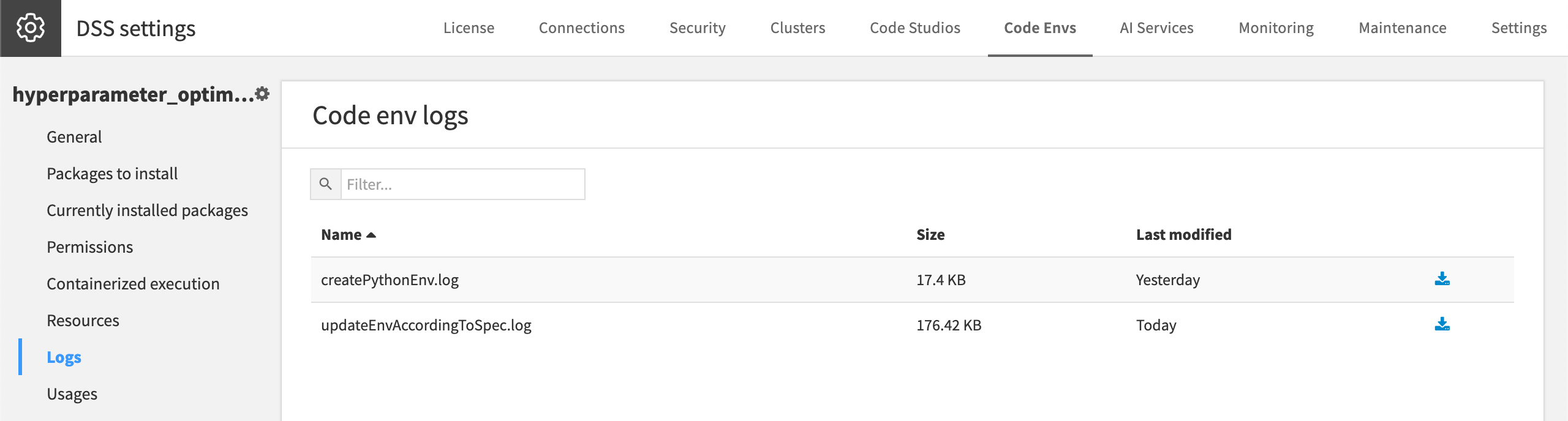 Dataiku screenshot of the Logs panel of a code environment.