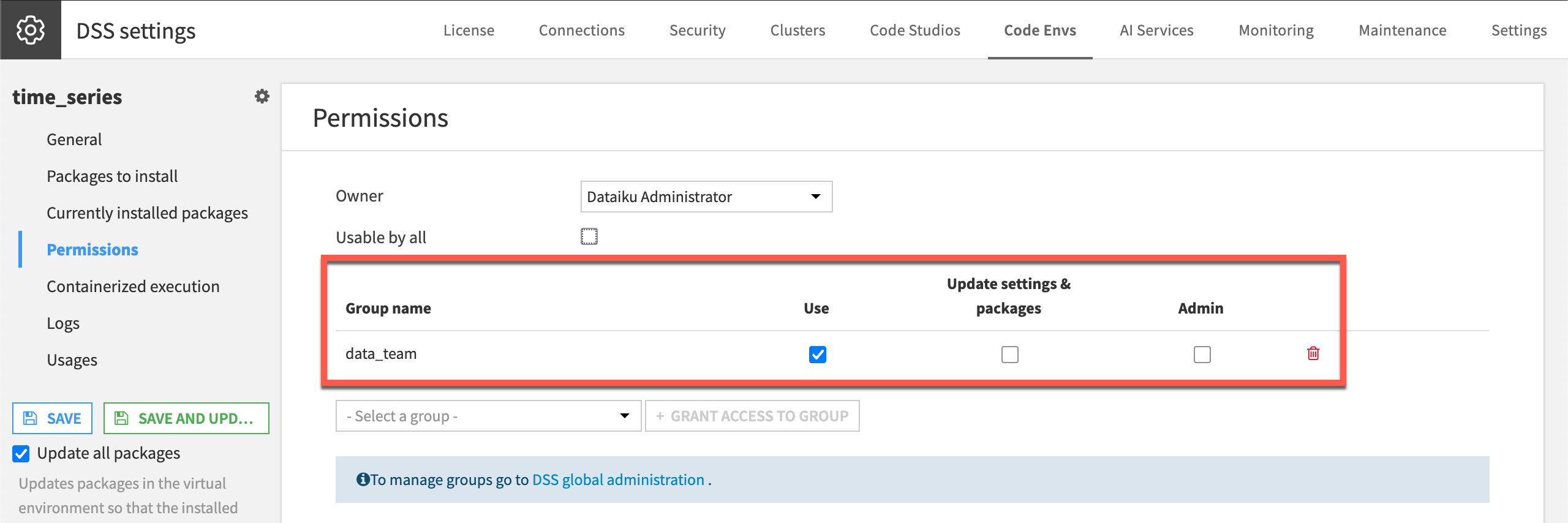 Dataiku screenshot of the Permissions panel of a code environment.