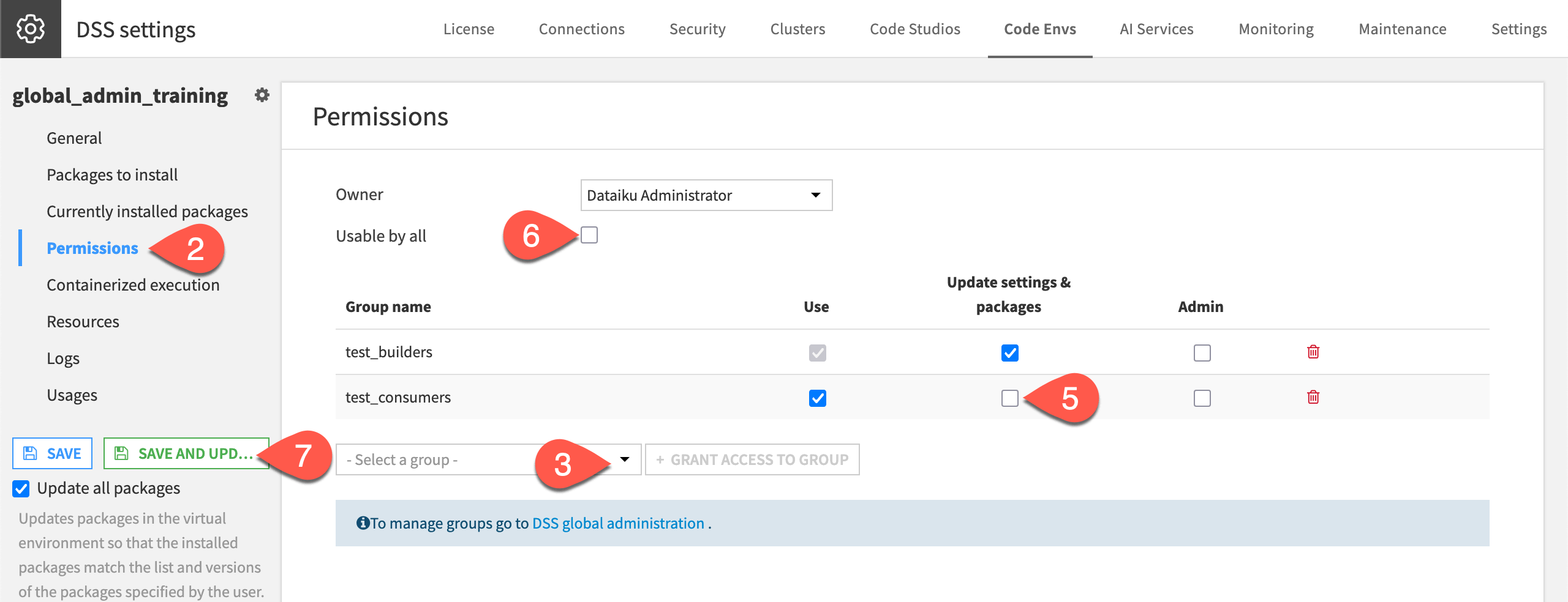 Dataiku screenshot of the permissions panel of a code environment.